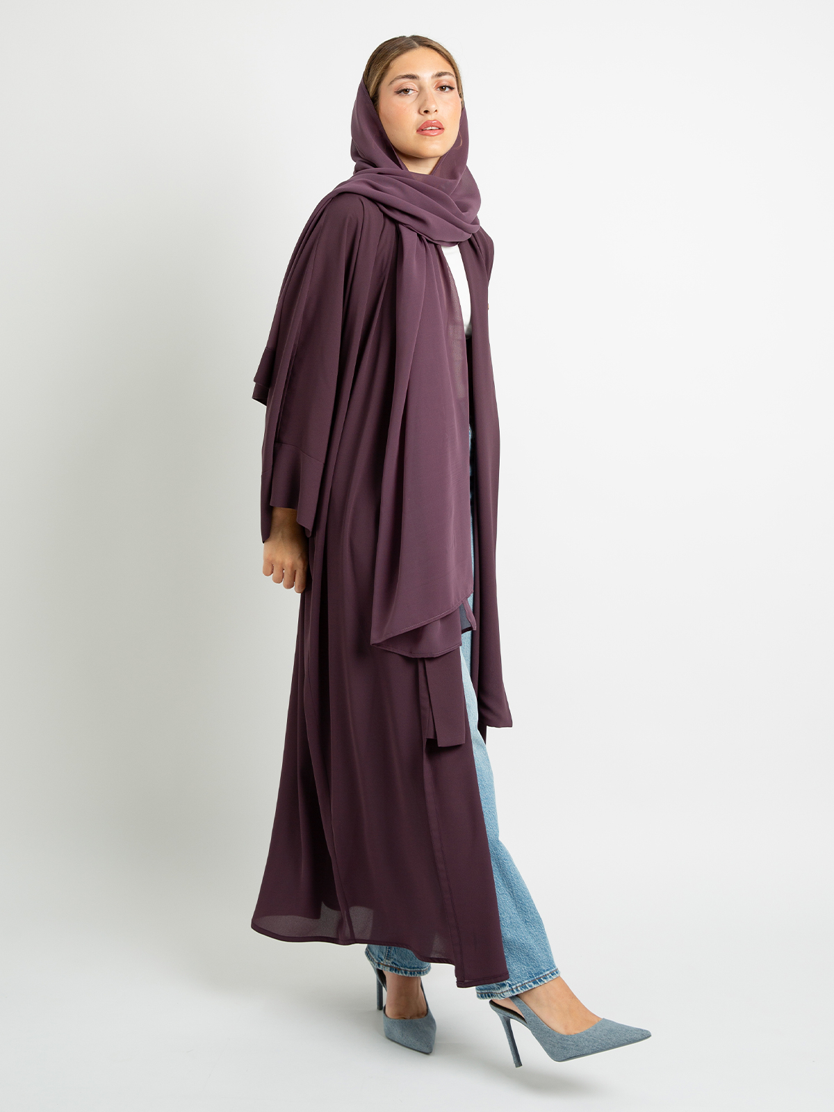 Brownish Purple - Flowstyle Long Wide-Fit Open Abaya in Light Fabric
