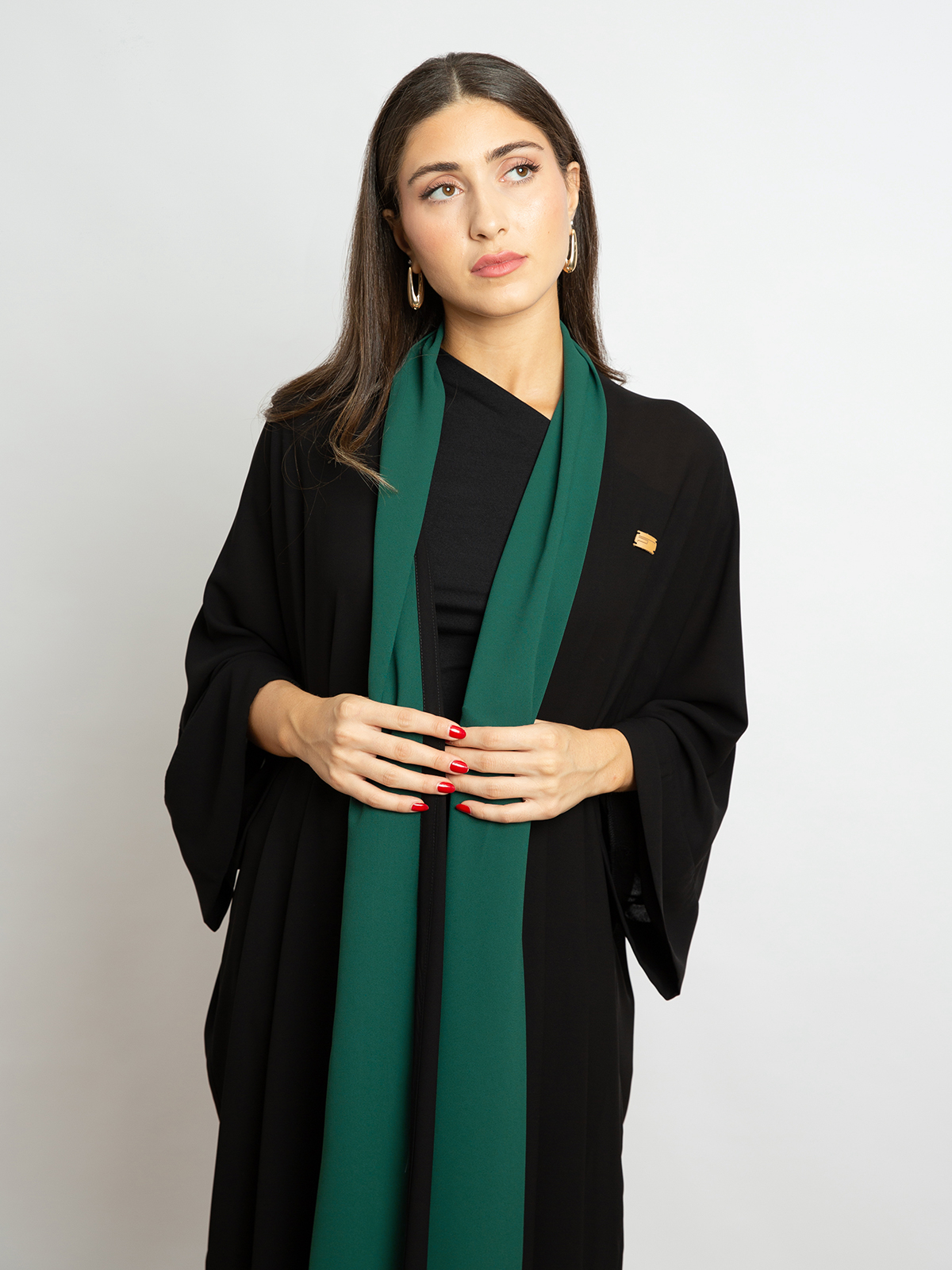 Long open fancy wide cut and sleeves abaya black with green color in practical lightweight fabric for special occasions 