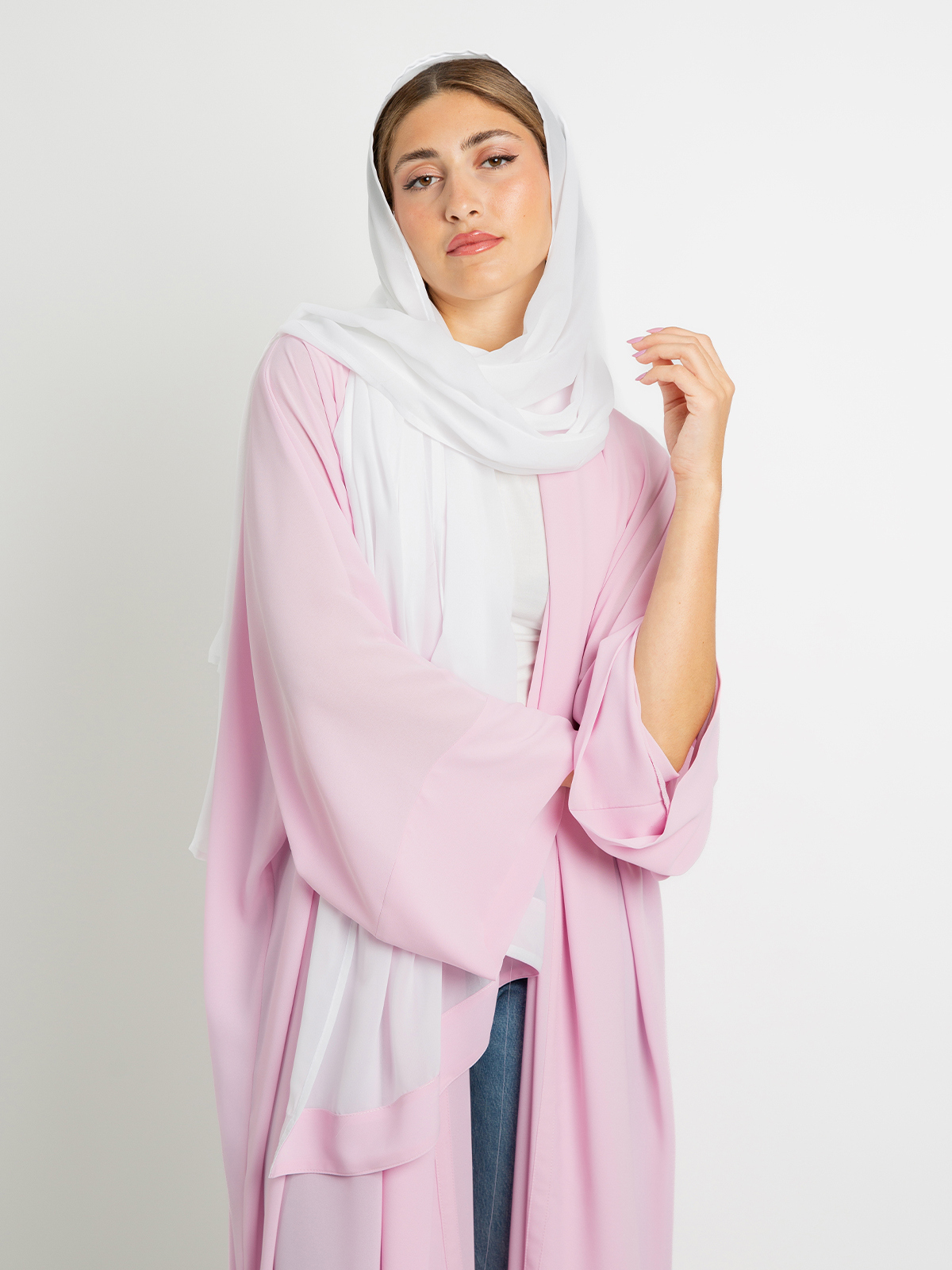 Baby Pink - Flowstyle Long Wide-Fit Open Abaya in Light Fabric