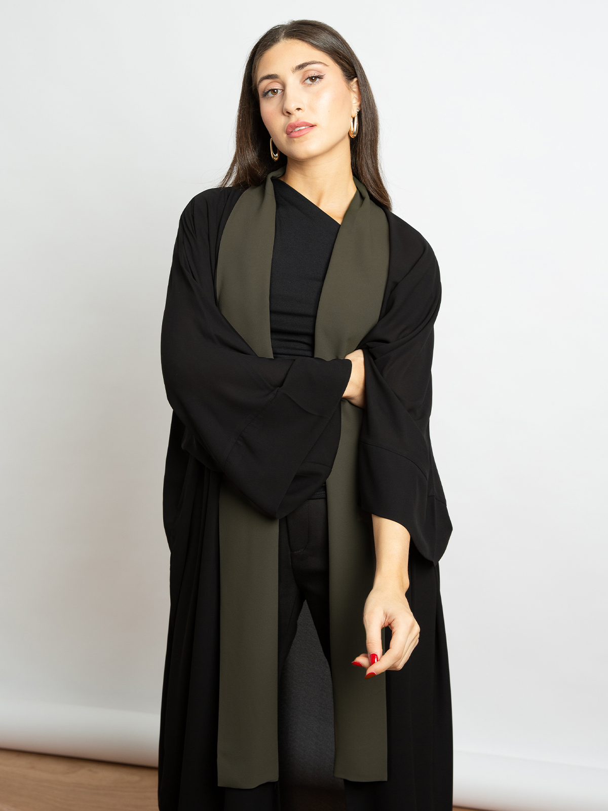 Black with Kaki - Flowstyle Long Wide-Fit Open Abaya