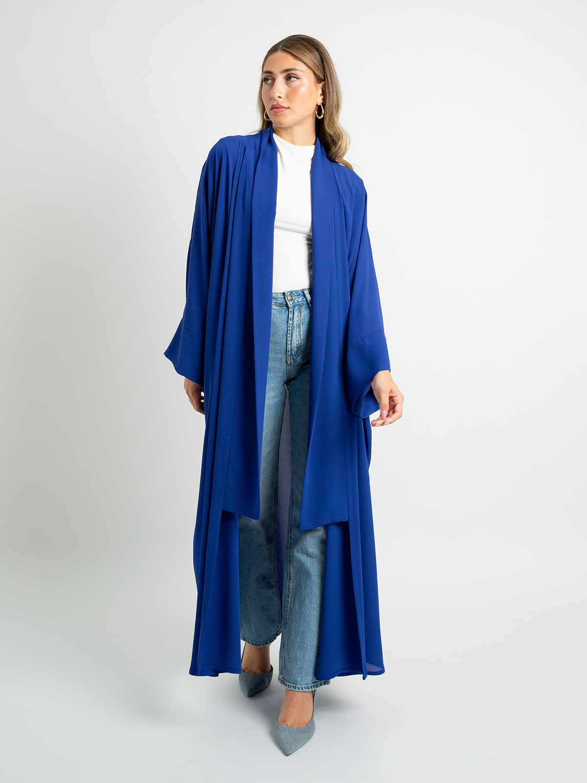 Indigo blue long open flowstyle wide fit abaya in high quality light fabric by kaafmeem for work and everyday wear 