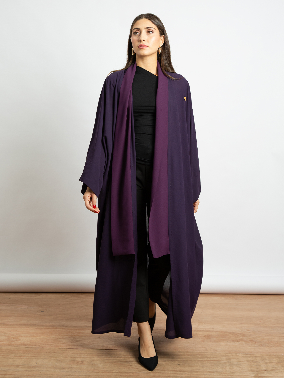 Long open fancy wide cut and sleeves abaya mauve color in practical lightweight fabric for special occasions 