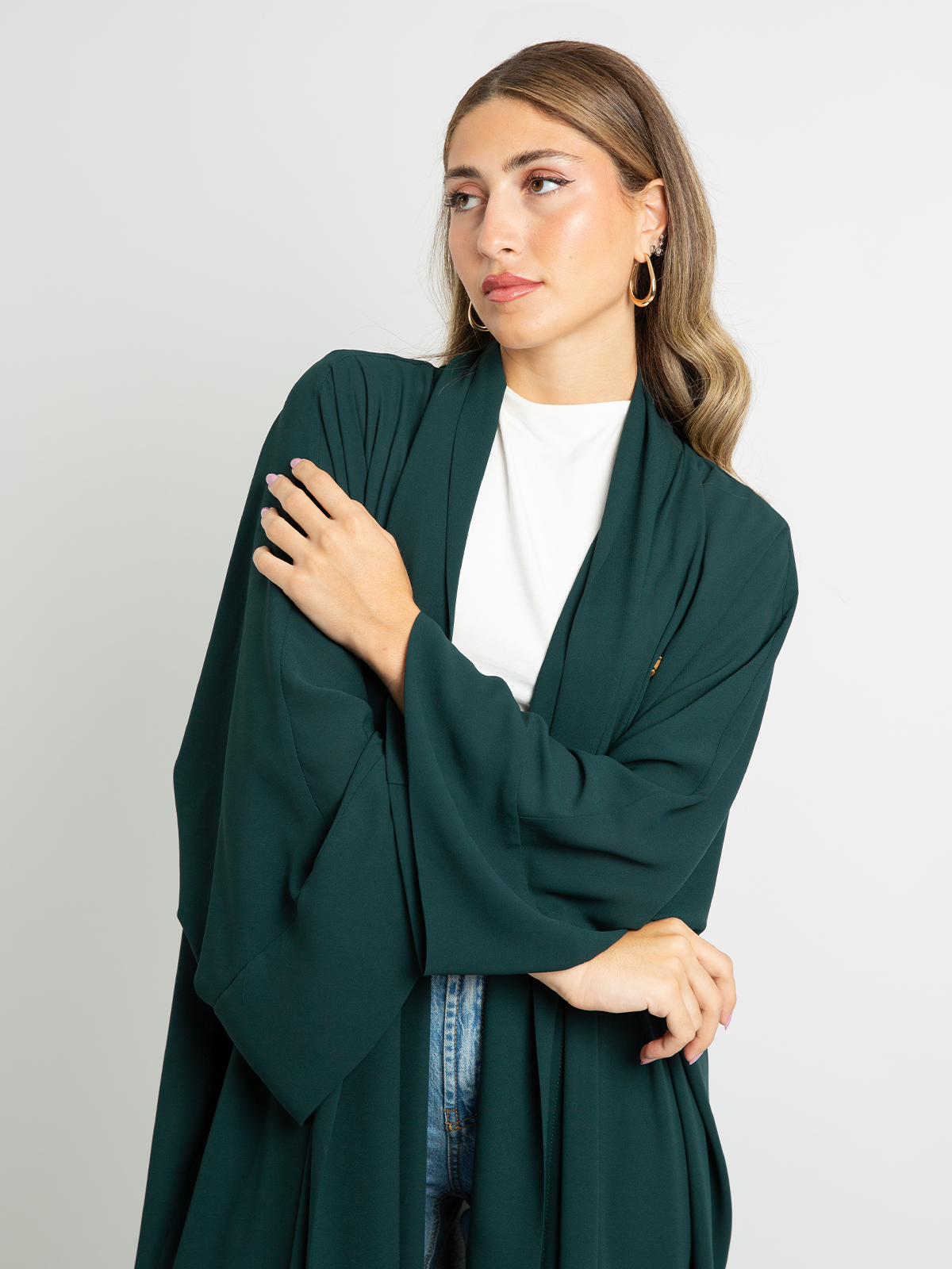 Dark Green - Flowstyle Wide-Fit Long Open Abaya in Light Fabric