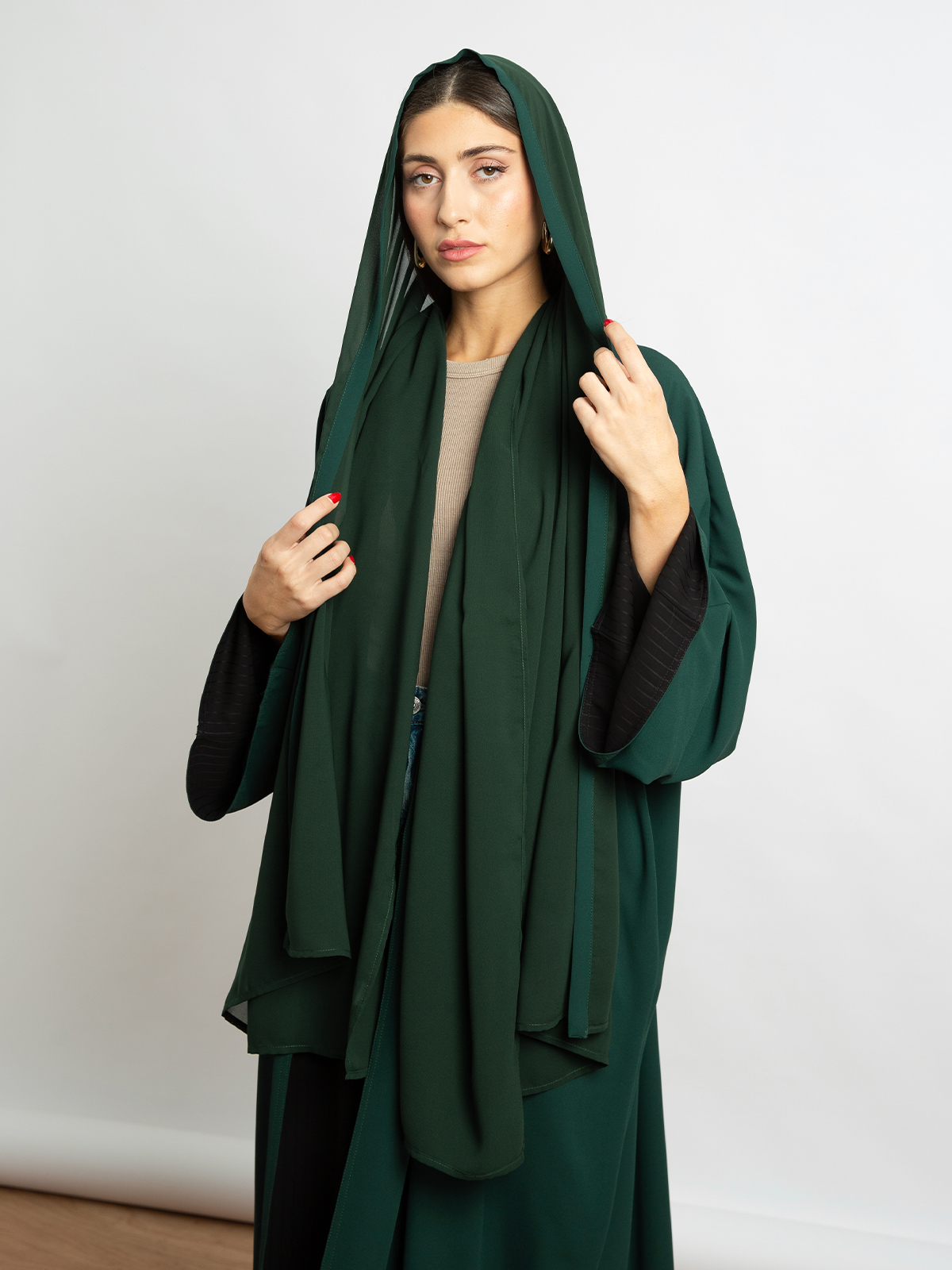 Black and Green - Double Flowstyle Long Wide-fit Open Abaya