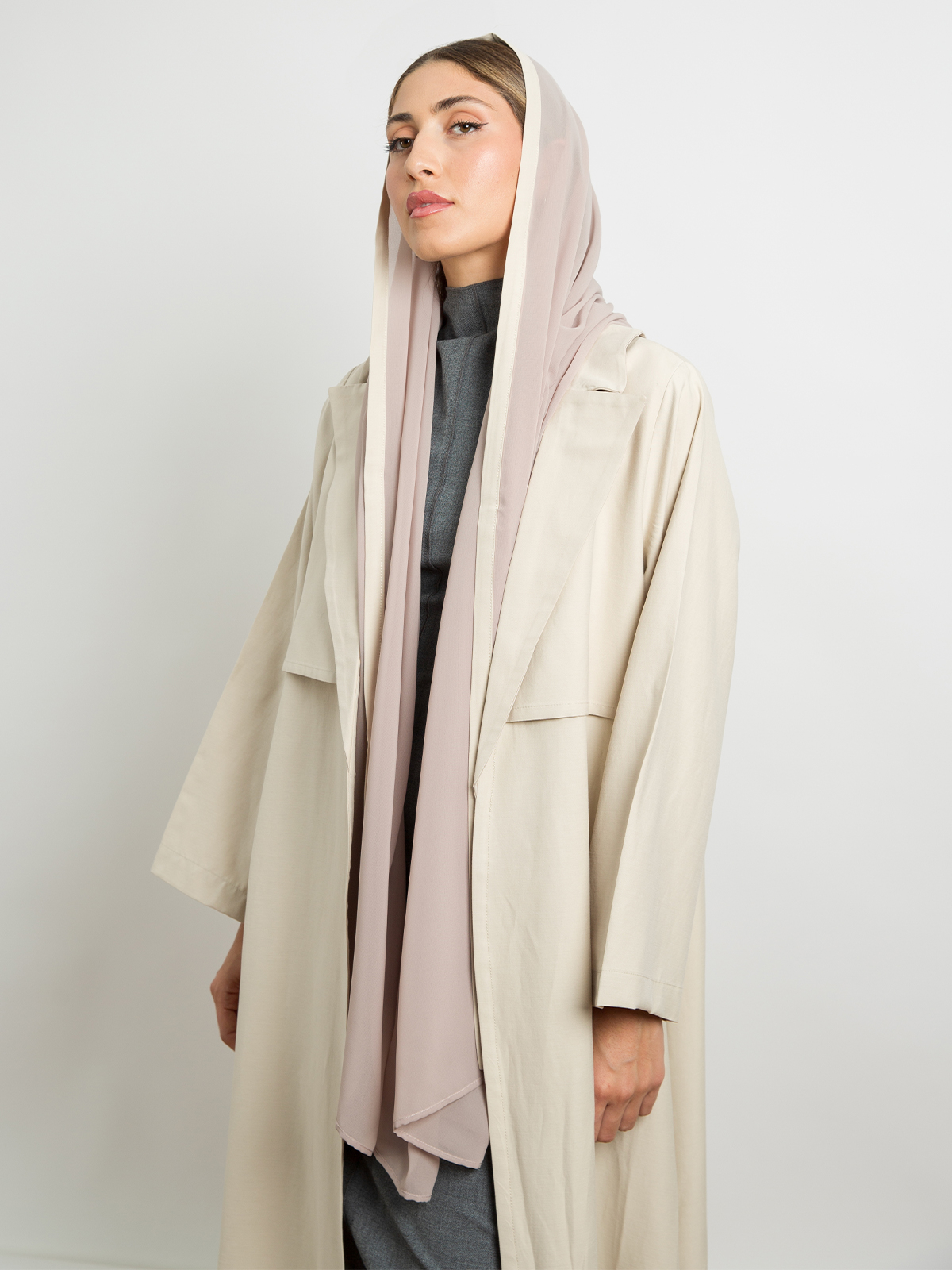 Beige long open A cut trench coat winter abaya in soft and cupro fabric by kaafmeem for work and different occasions 