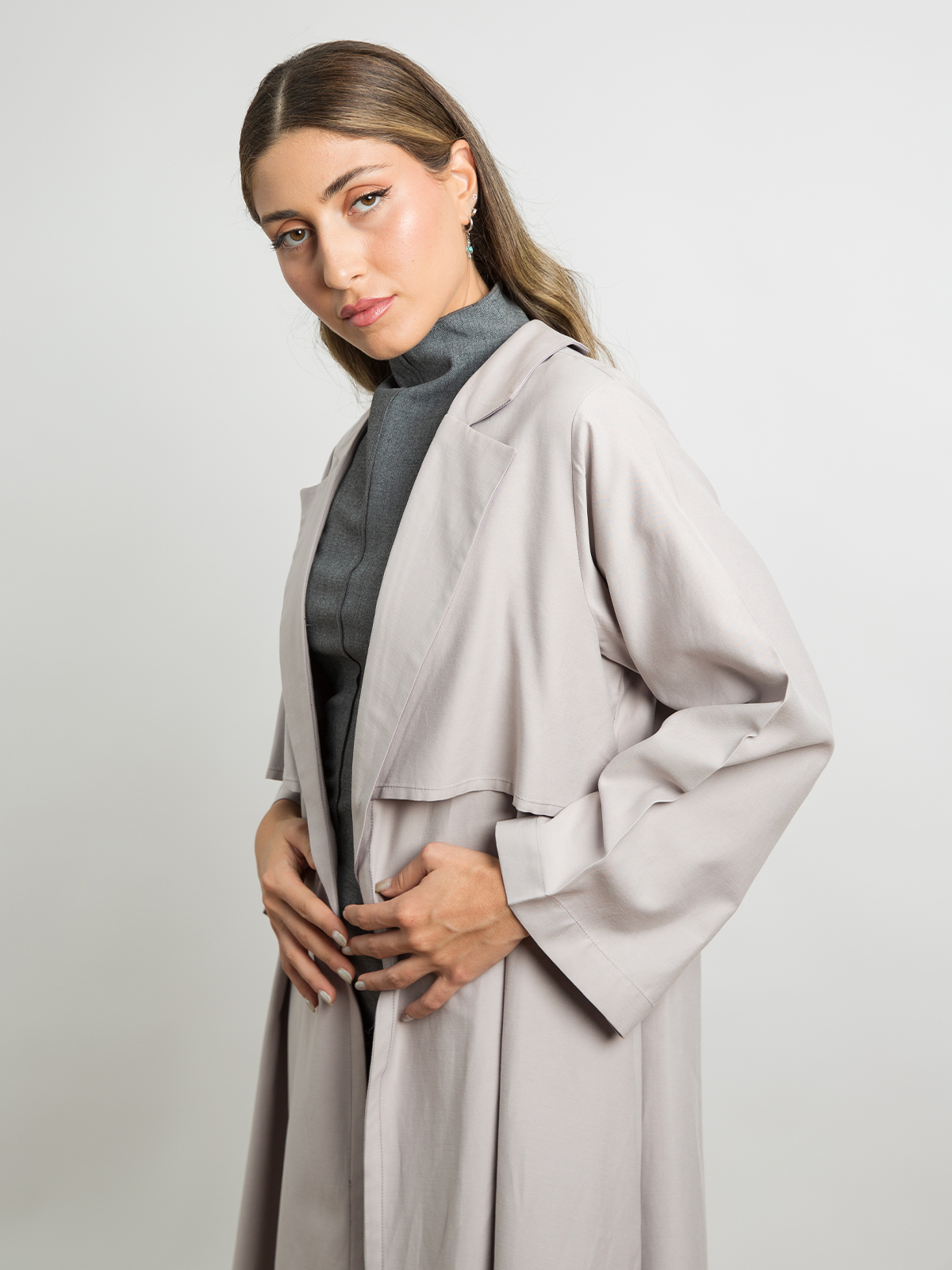 Lavender - A Cut Long Open Trench Abaya in Natural Soft Fabric