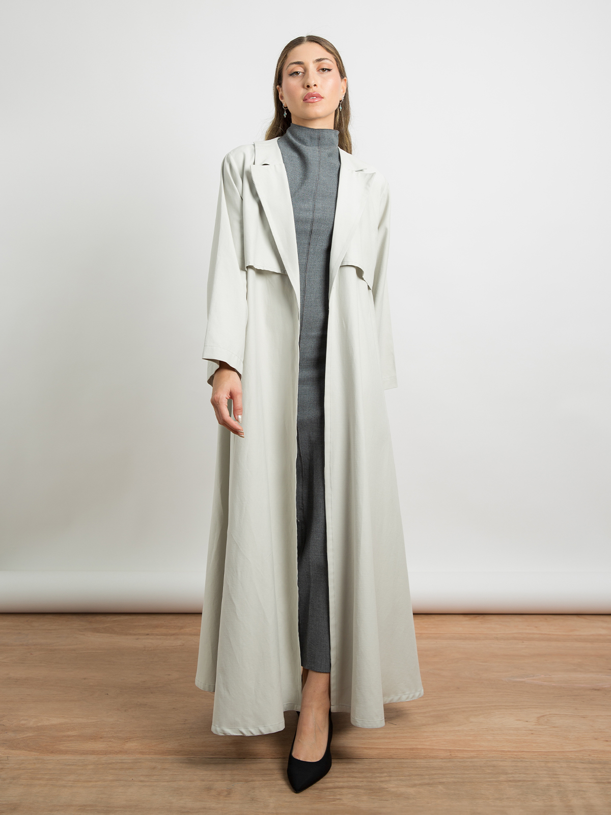 Gray - A Cut Long Open Trench Abaya in Natural Soft Fabric