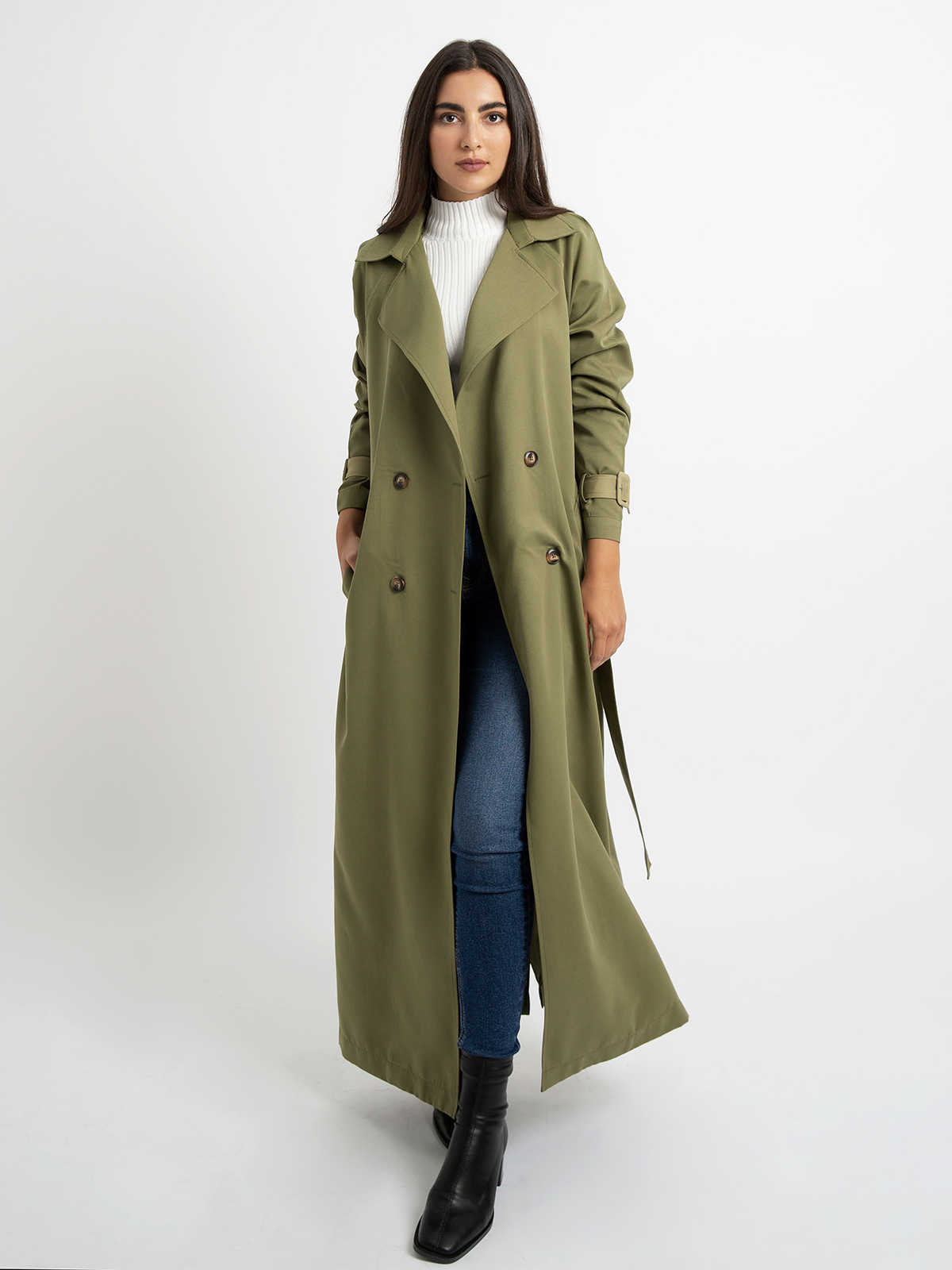 Kaafmeem women clothing regular fit green coat style long trench abaya for everyday in lyocell fabric for winter or travel 