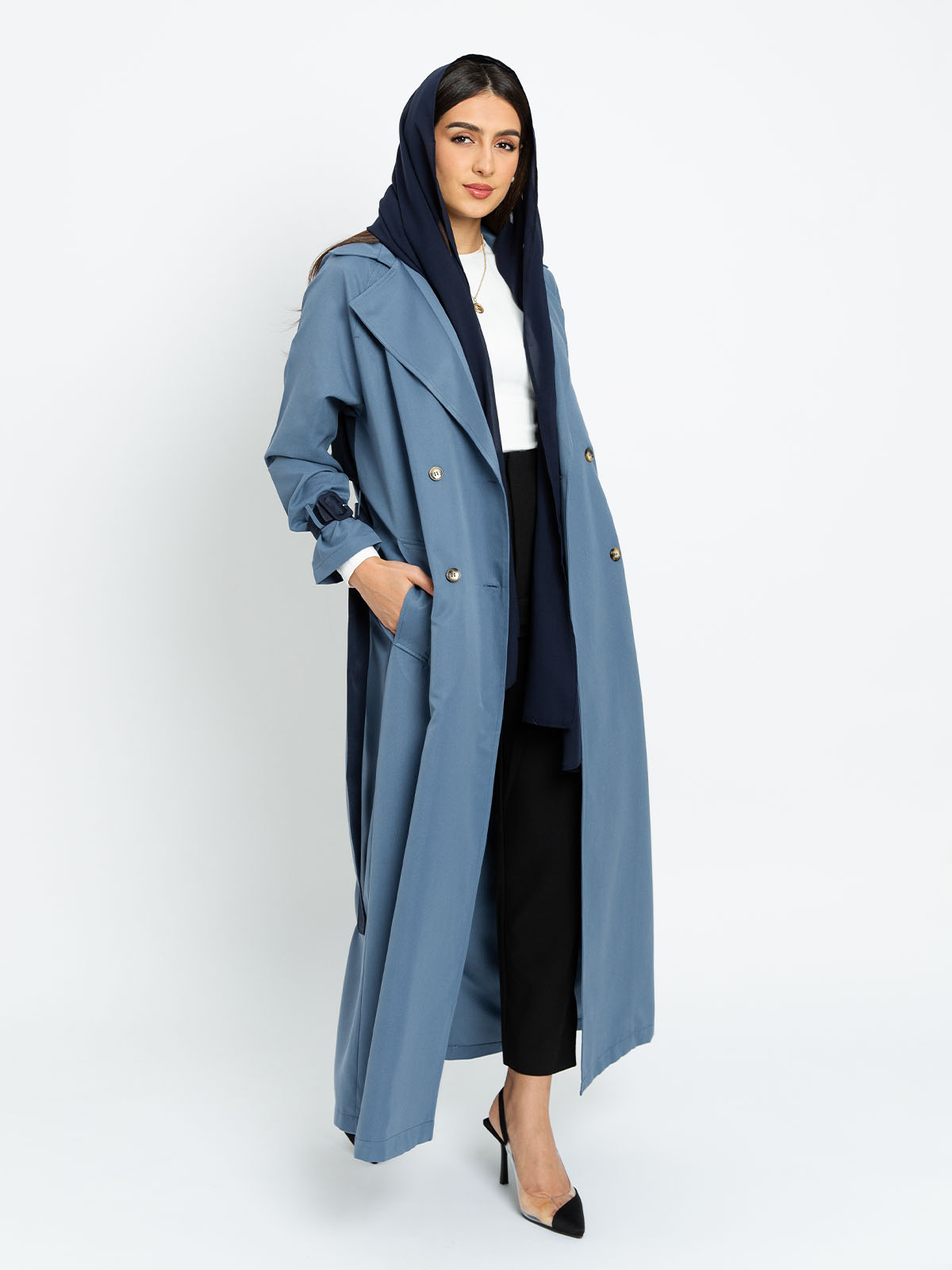 Kaafmeem women clothing regular fit blue coat style long trench abaya for everyday in lyocell fabric for winter or travel 