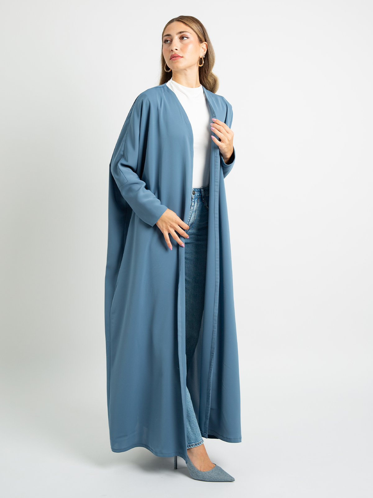 Blue long open half bisht abaya in high quality light fabric by kaafmeem for work and everyday wear 
