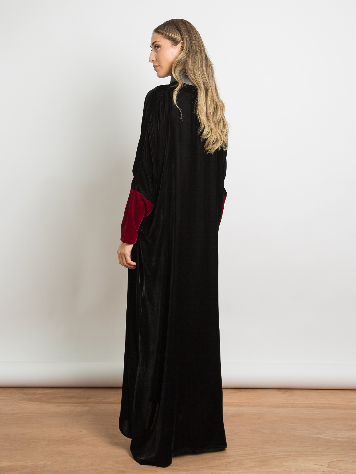 Black with maroon sleeves long open half bisht fancy abaya in light velvet fabric with matching hijab by kaafmeem