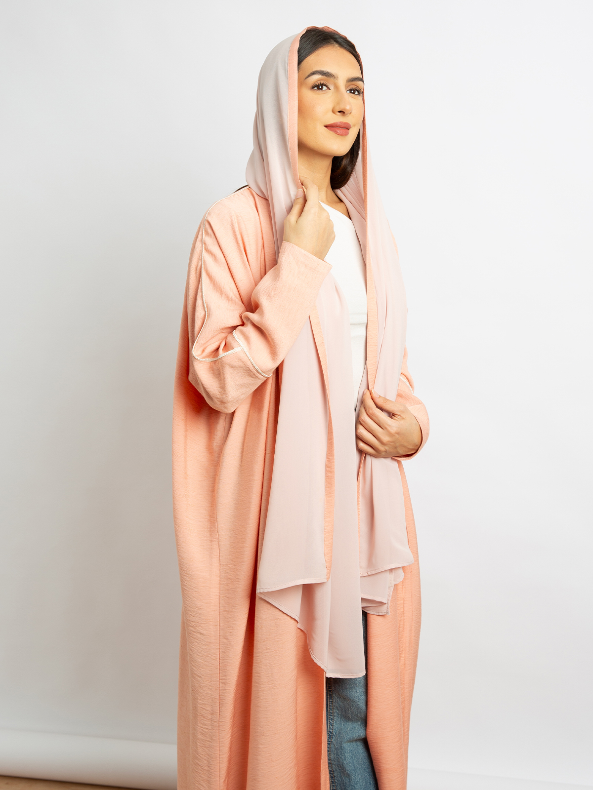 Open long half bisht abaya peach color with Qitan in linen-feel fabric for work and events by kaafmeem clothing