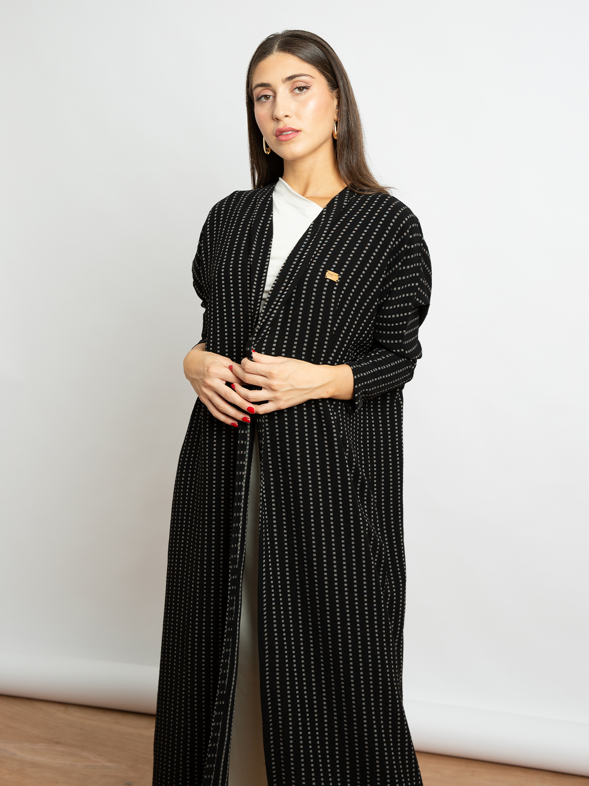 Long open half bisht abaya black with white stripes color in semi stretchy fabric for work and different activities