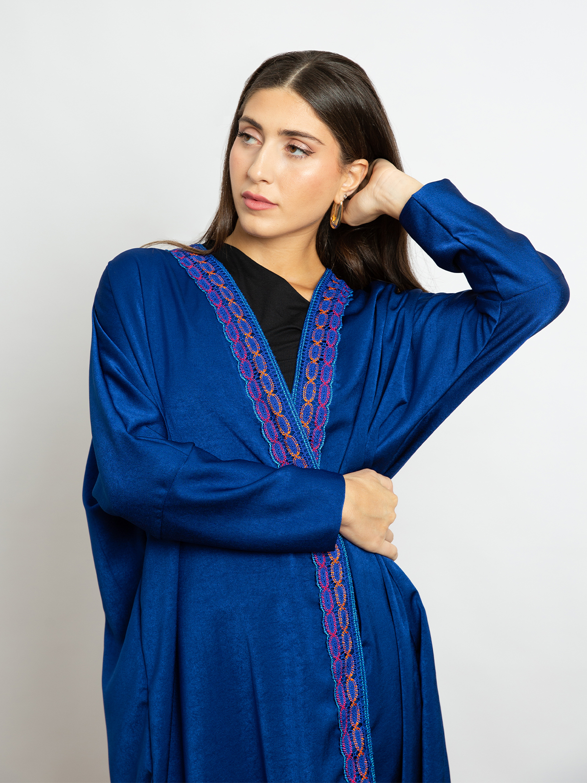 Indigo Blue with Colorful Art Piece - Half Bisht Long Open Abaya in Soft & Silky Fabric