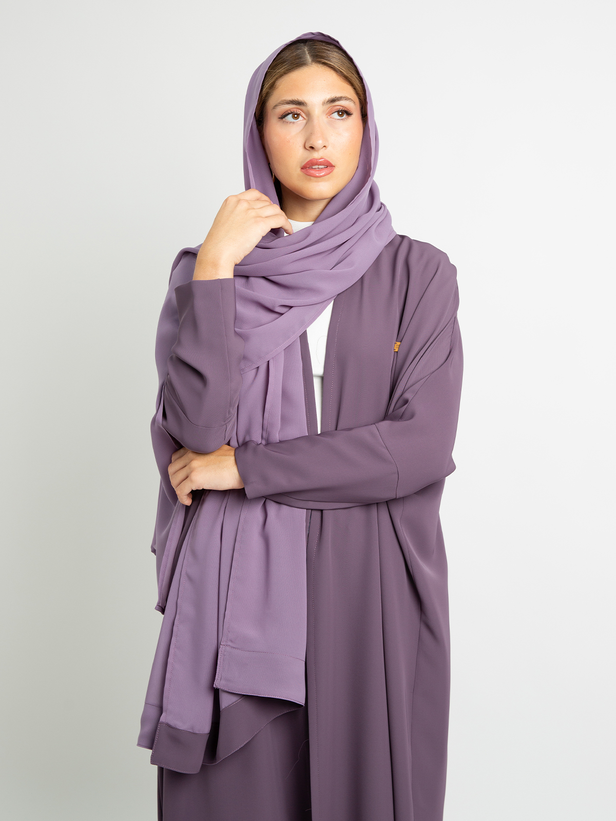 Pale purple long open half bisht abaya in high quality light fabric by kaafmeem for work and everyday wear 