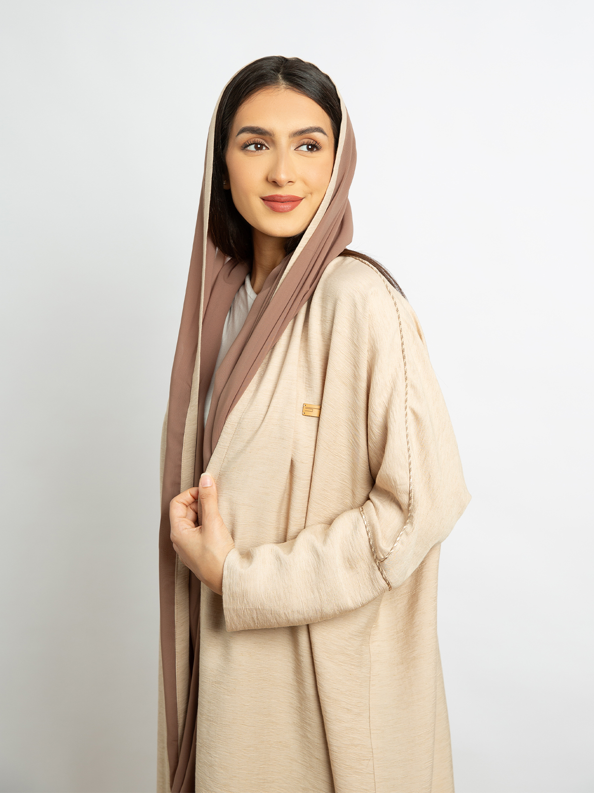 Open long half bisht abaya beige color with Qitan in linen-feel fabric for work and events by kaafmeem clothing