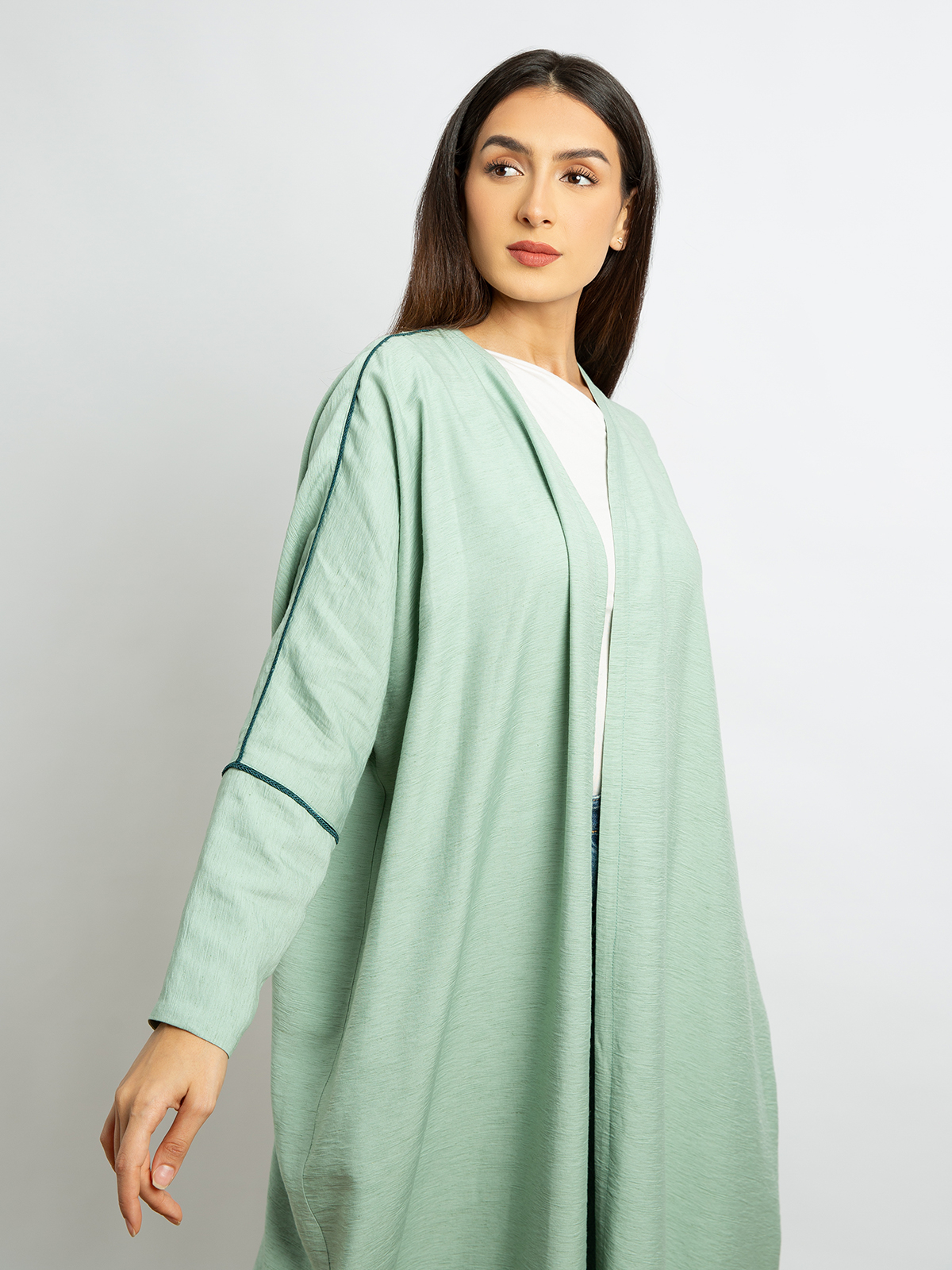 Open long half bisht abaya light green color with Qitan in linen-feel fabric for work and events by kaafmeem clothing