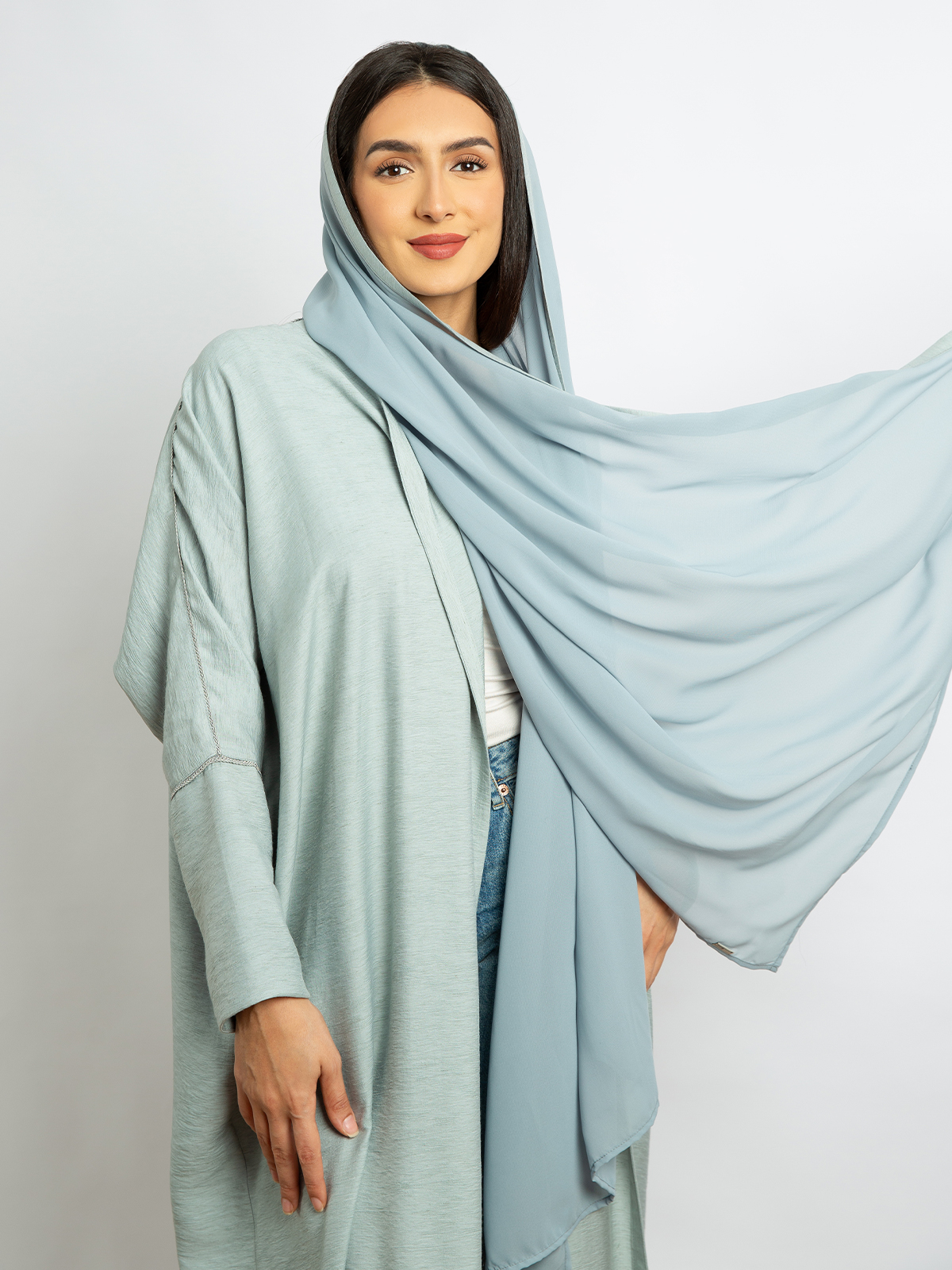 Open long half bisht abaya light blue color with Qitan in linen-feel fabric for work and events by kaafmeem clothing
