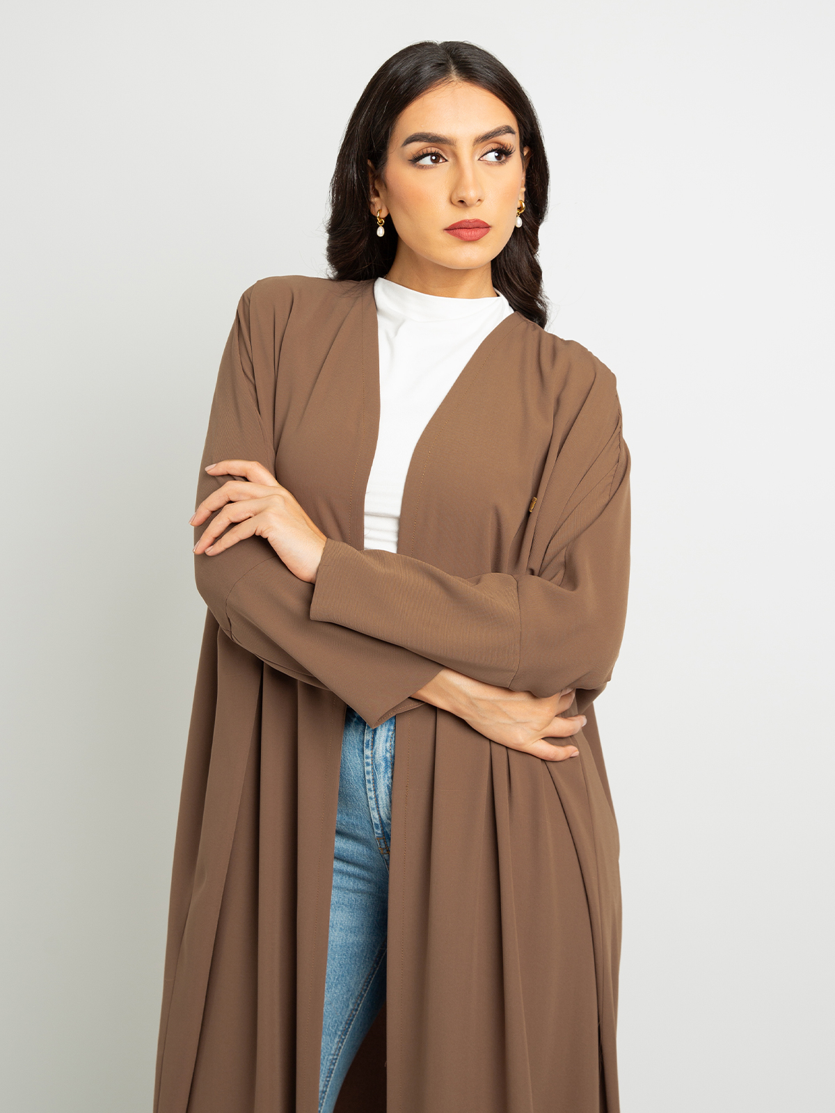 Light brown long open half bisht abaya in high quality crepe fabric by kaafmeem for work and everyday wear 