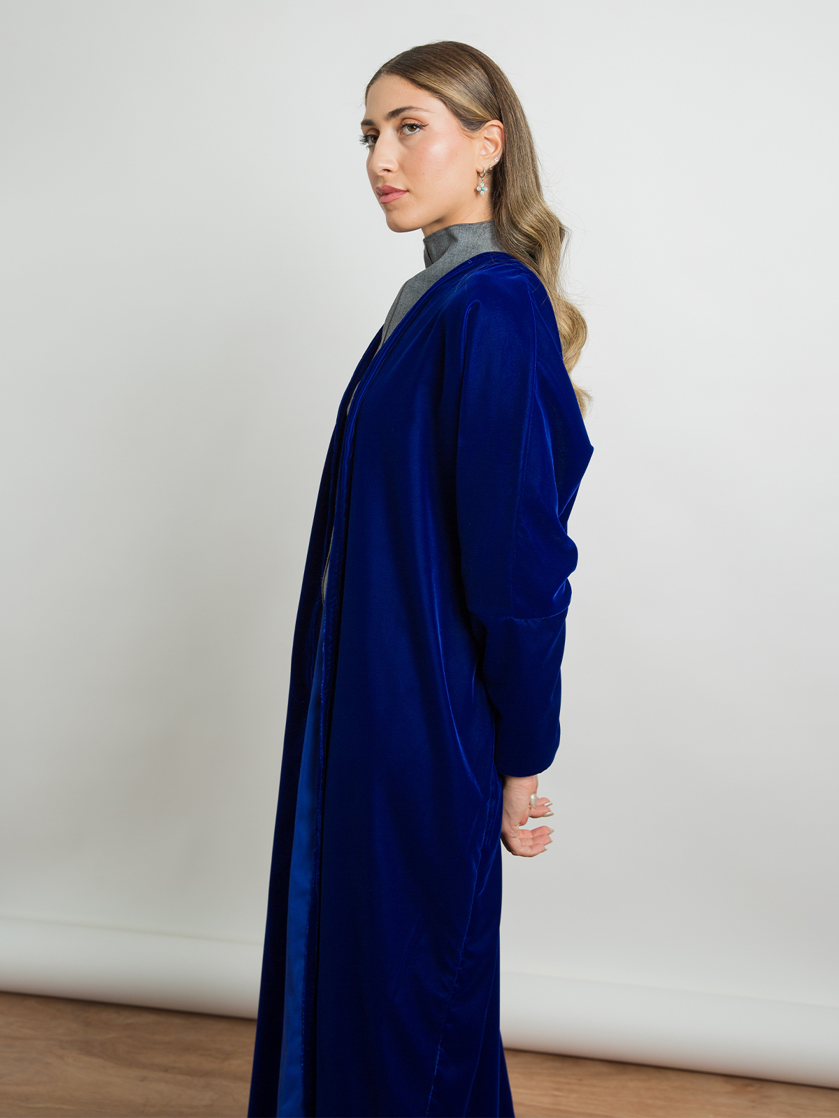 Indigo blue long open half bisht fancy abaya in soft velvet fabric with matching hijab by kaafmeem