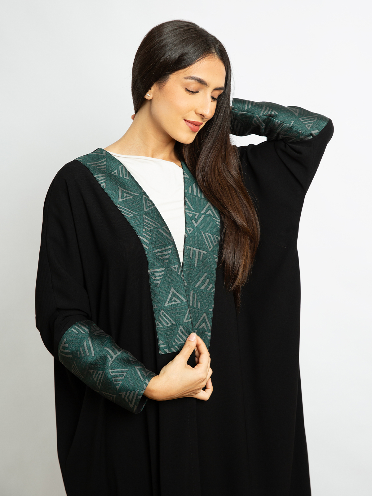 Black with Green Artistic Ornament - Half Bisht Long Open Abaya in Crepe Fabric