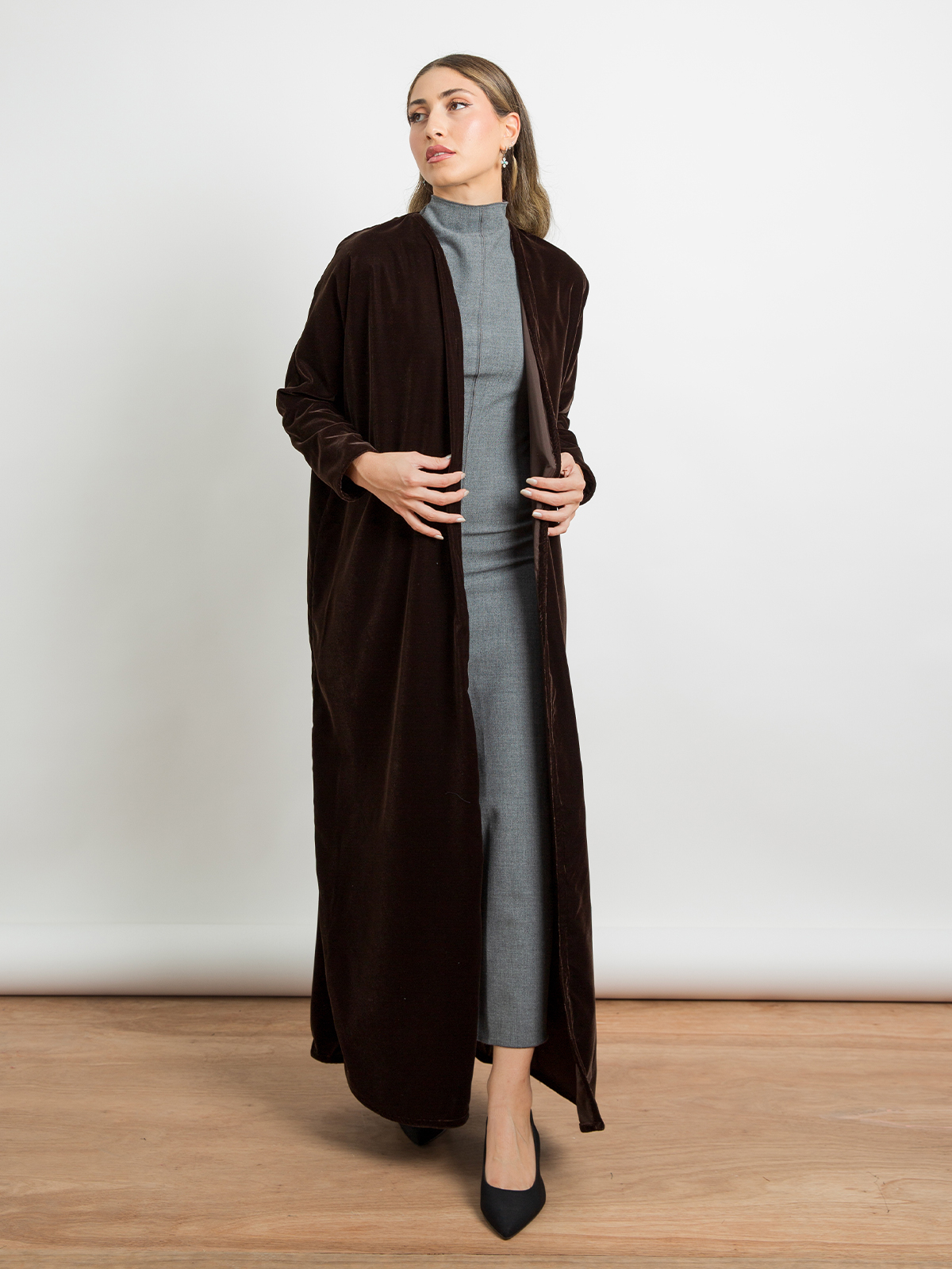Brown long open half bisht fancy abaya in soft velvet fabric with matching hijab by kaafmeem