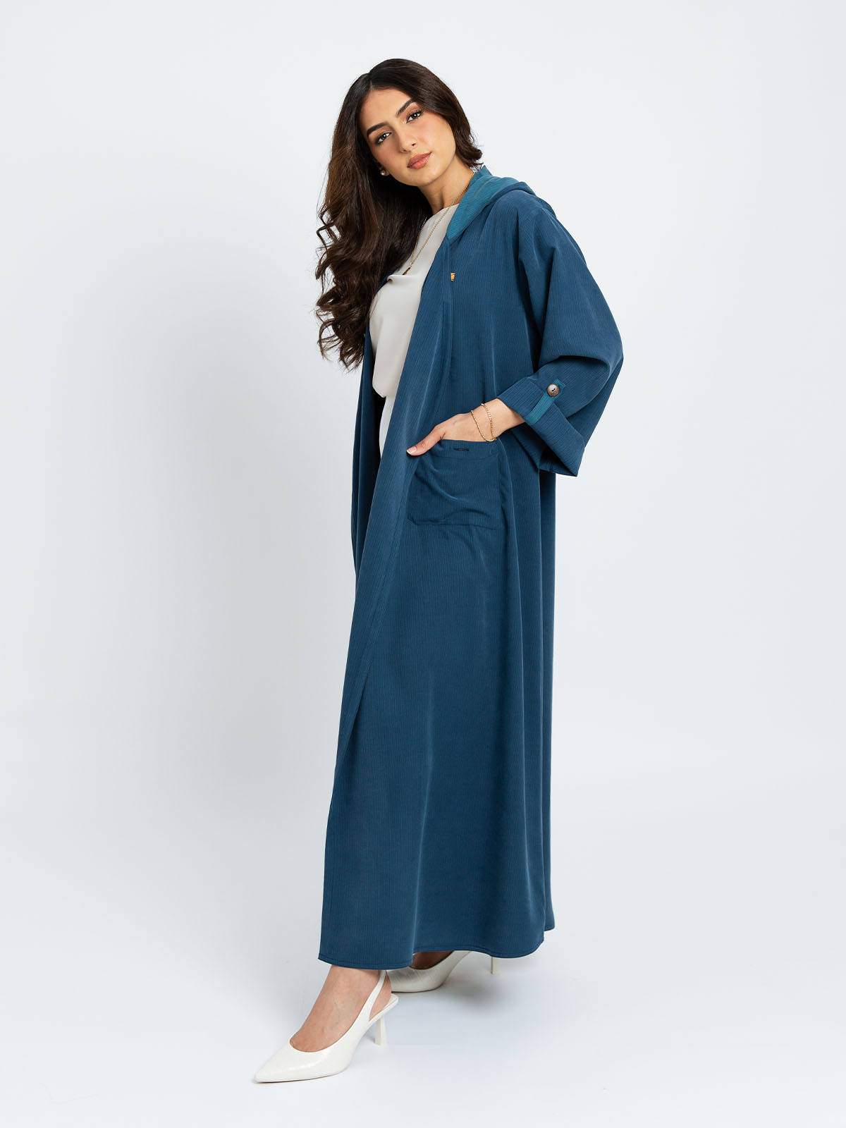 Kaafmeem women clothing navy regular fit long abaya with hoodie in soft fabric for everyday outings