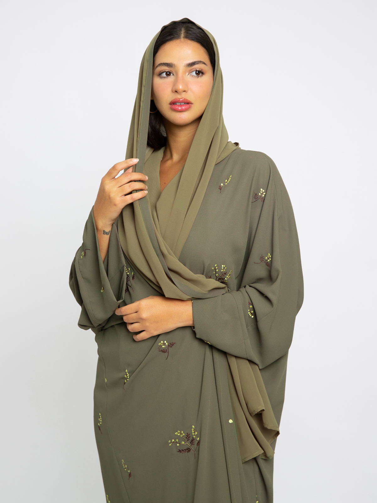 Olive Floral Sprinkle Wide-fit Abaya