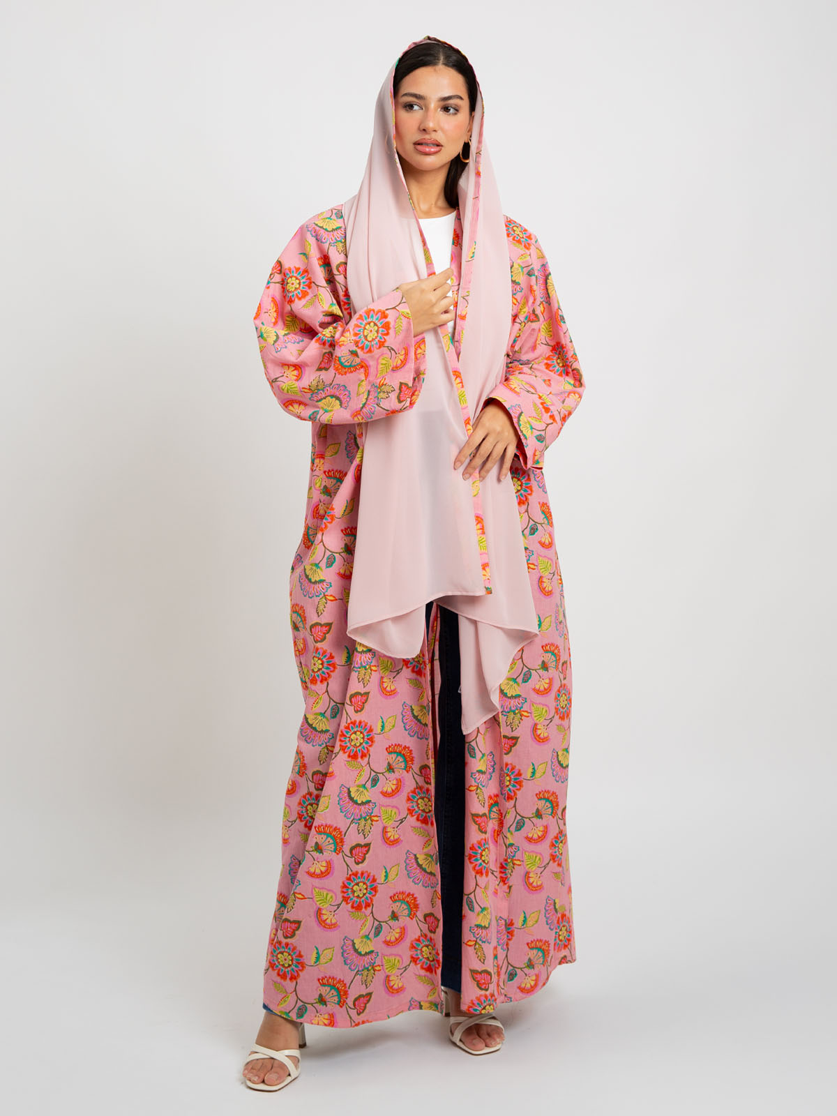Pink printed wide cut open abaya in high quality 100% natural cotton fabric by kaafmeem for summer and eid 