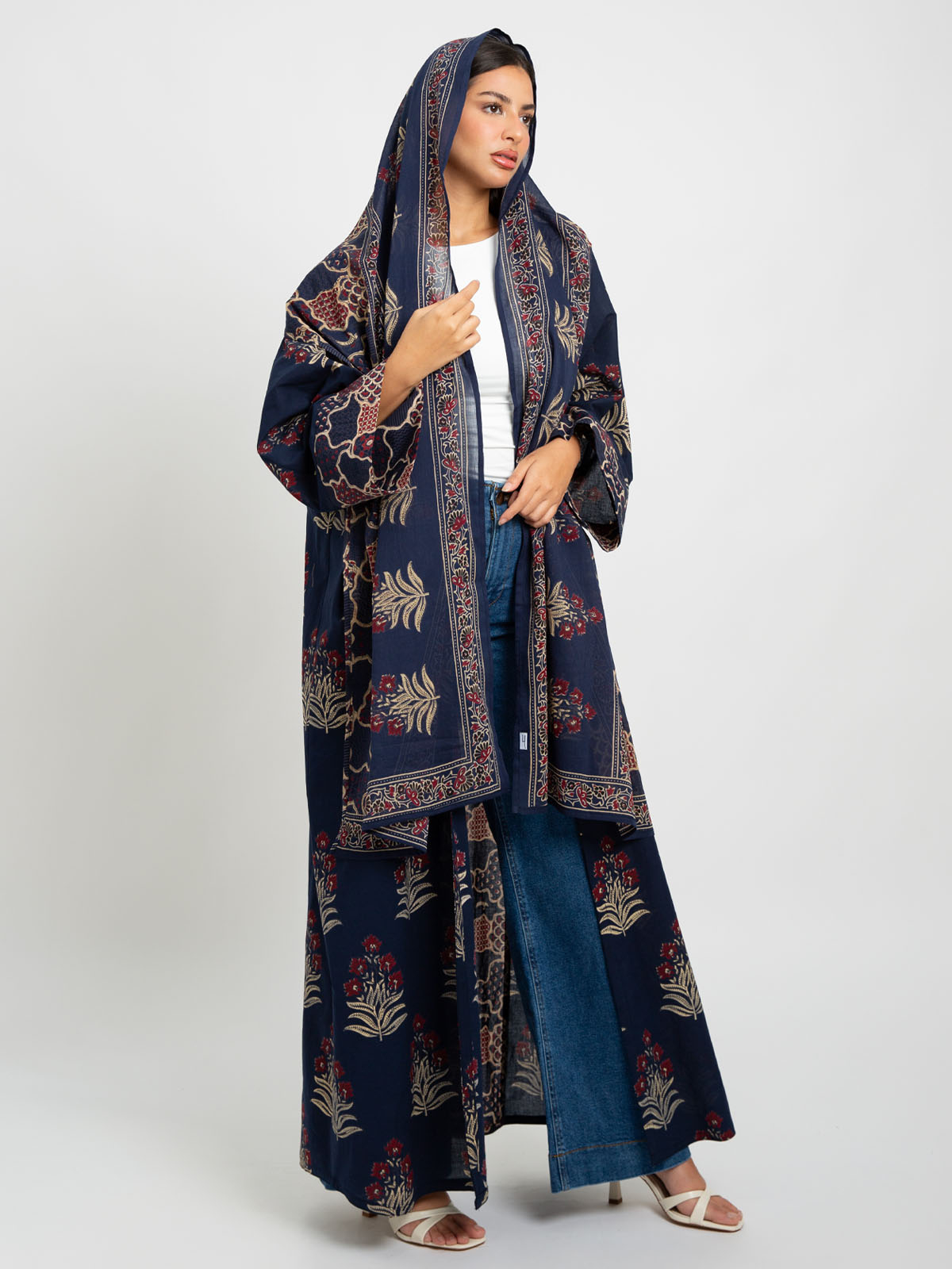 Navy printed wide cut open abaya in high quality 100% natural cotton fabric by kaafmeem for summer and eid 