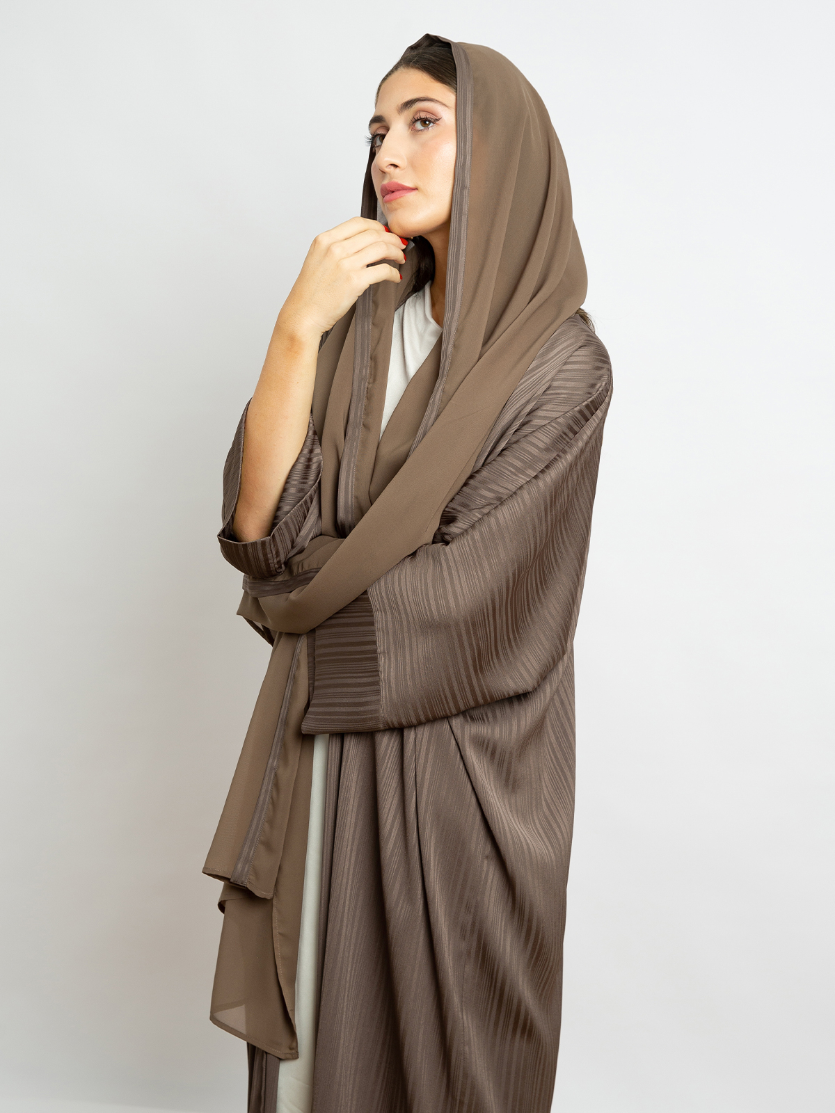 Long open wide cut abaya in brown stripes color with regular sleeves for special occasions and events