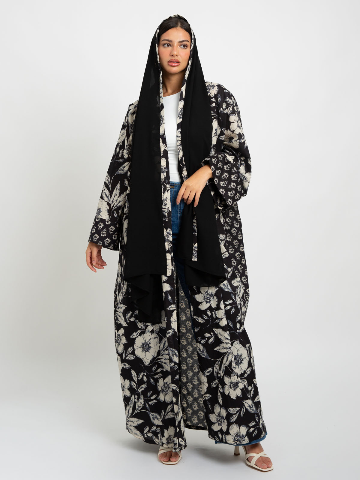 Black printed wide cut open abaya in high quality 100% natural cotton fabric by kaafmeem for summer and eid 