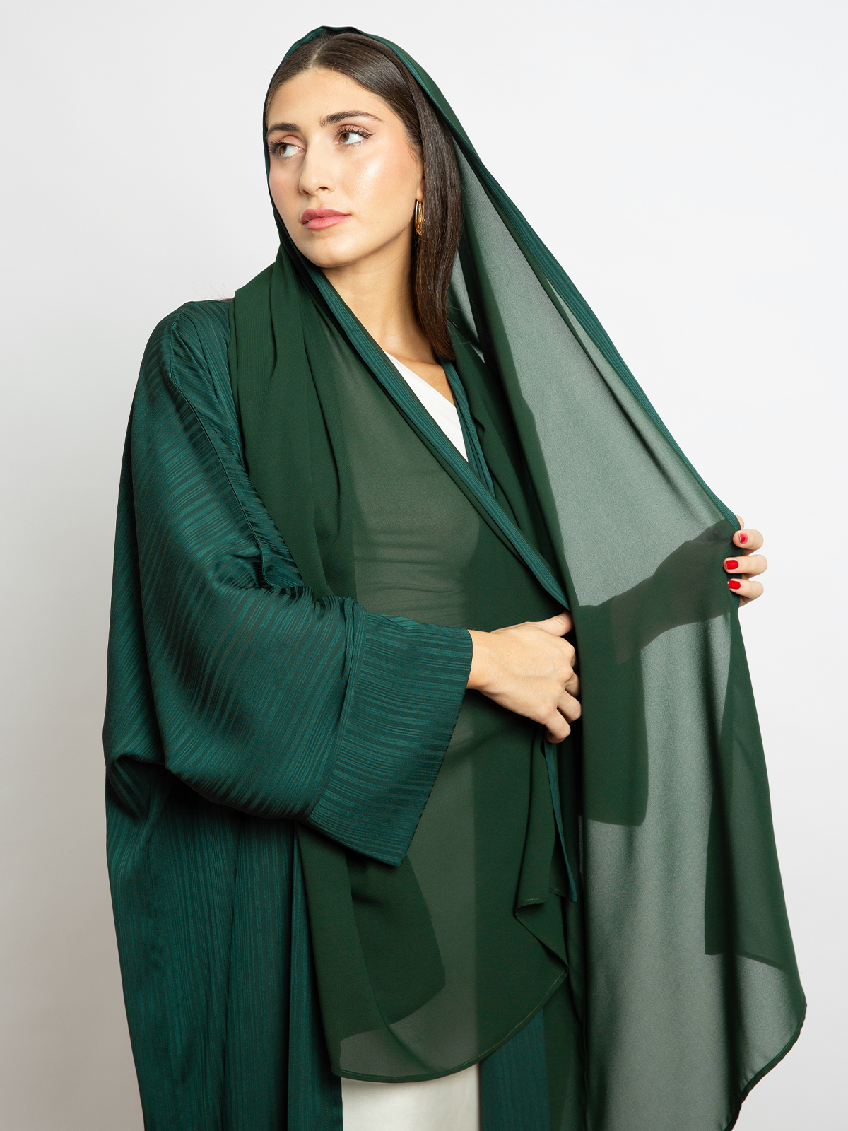 Long open wide cut abaya in green stripes color with regular sleeves for special occasions and events