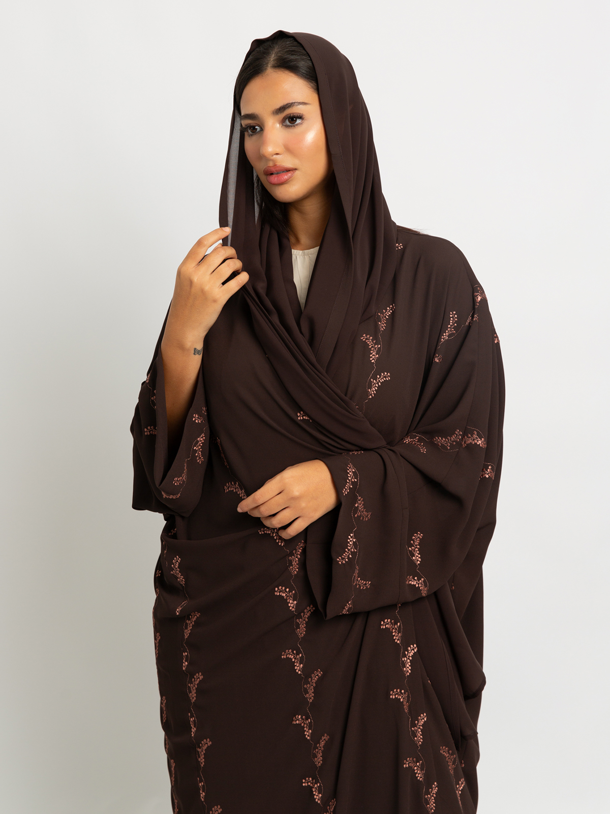 Dark Brown Blooms Wide-fit Abaya