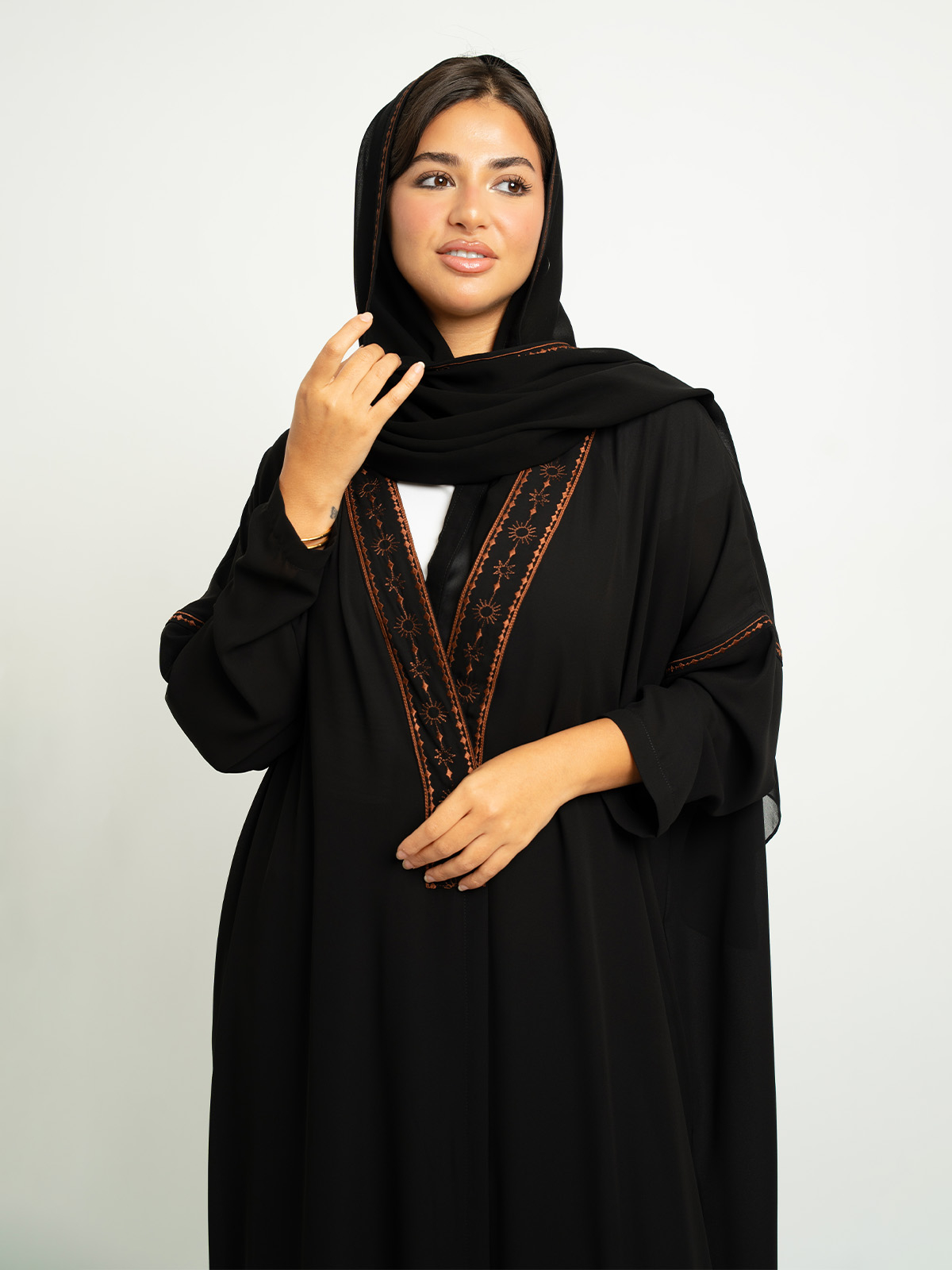 Black embroidered wide abaya in high quality crepe fabric by kaafmeem