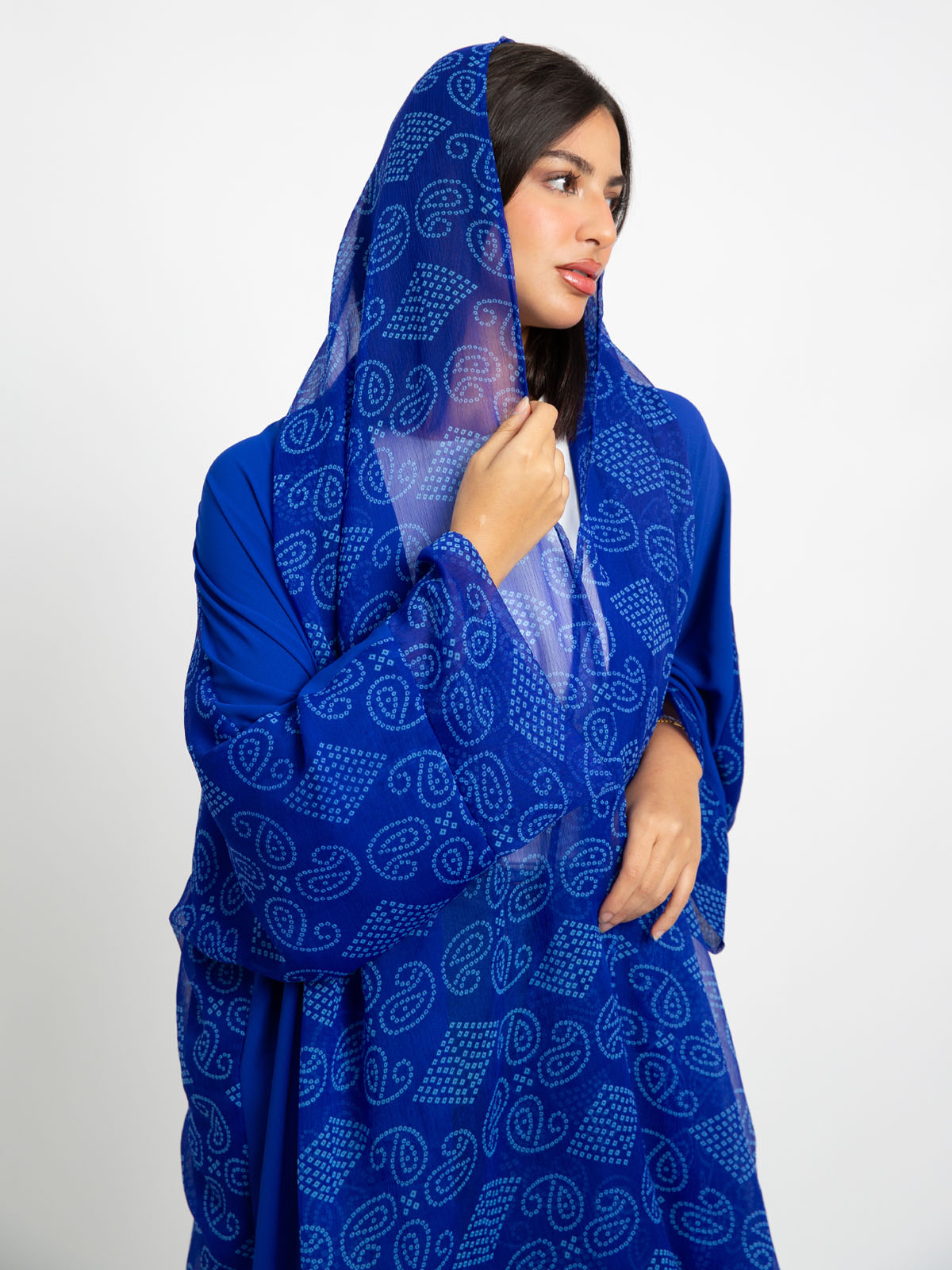 Indigo blue printed wide cut open abaya in high quality chiffon fabric by kaafmeem for summer and eid 