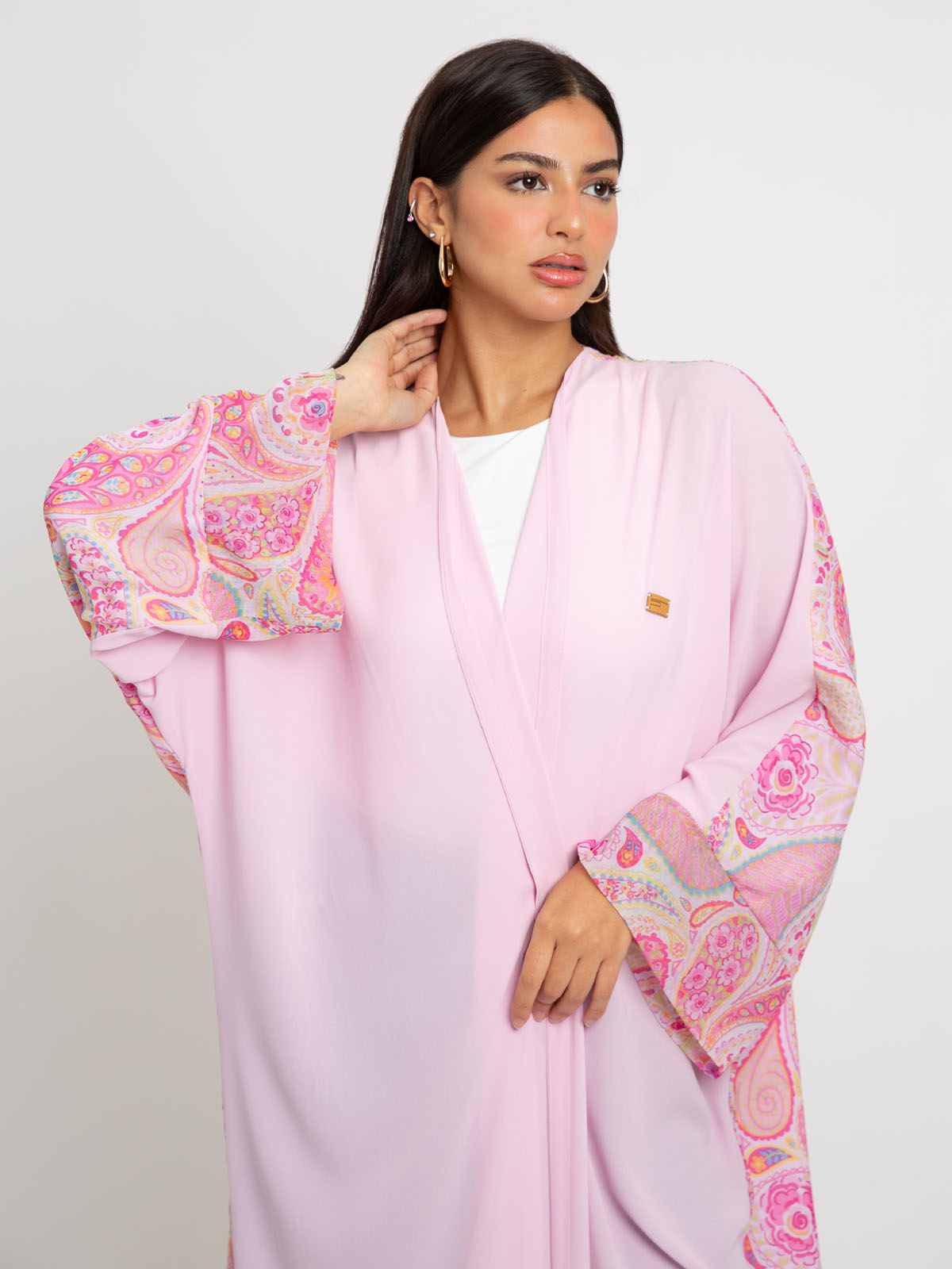 Rose printed wide cut open abaya in high quality chiffon fabric by kaafmeem for summer and eid 