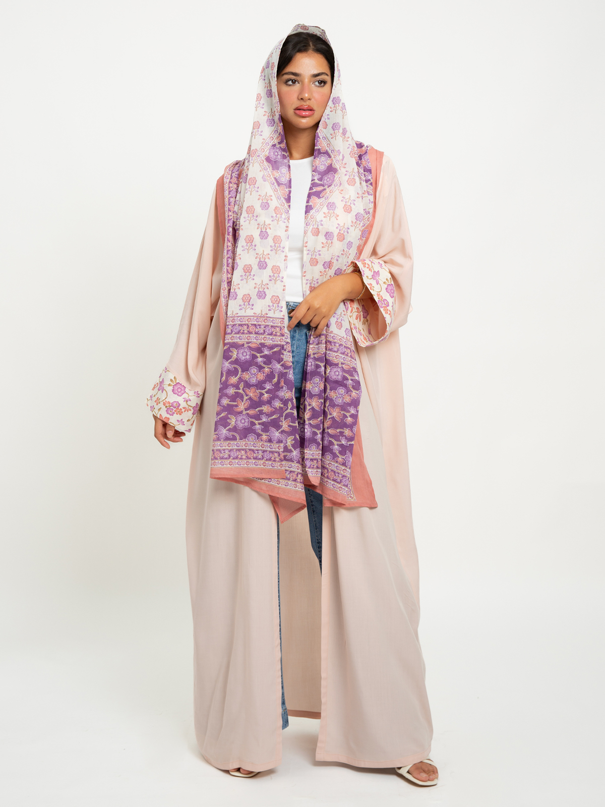 Peach printed wide cut open abaya in high quality 100% natural cotton fabric by kaafmeem for summer