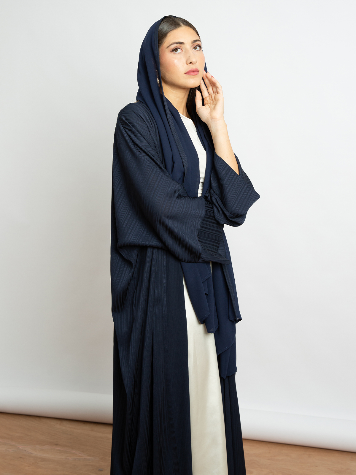 Long open wide cut abaya in navy stripes color with regular sleeves for special occasions and events