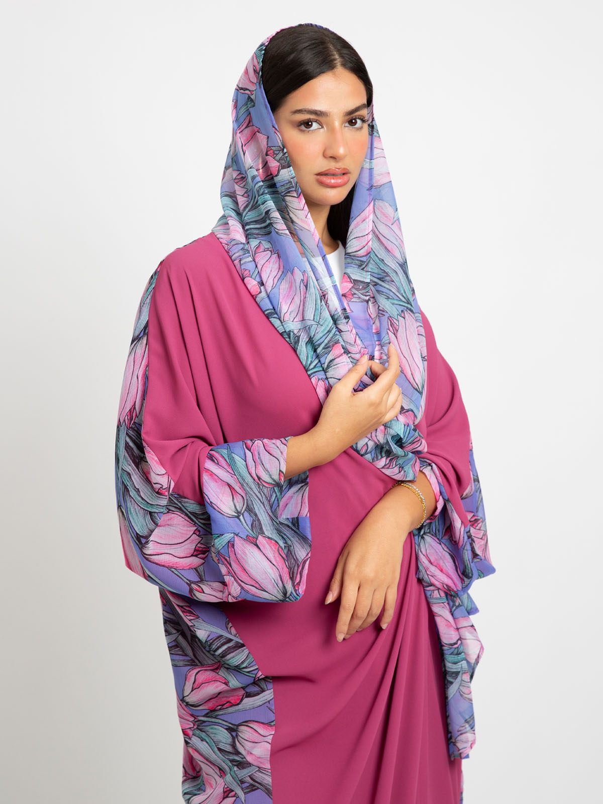 Pink printed wide cut open long abaya in high quality chiffon fabric by kaafmeem for summer and eid 