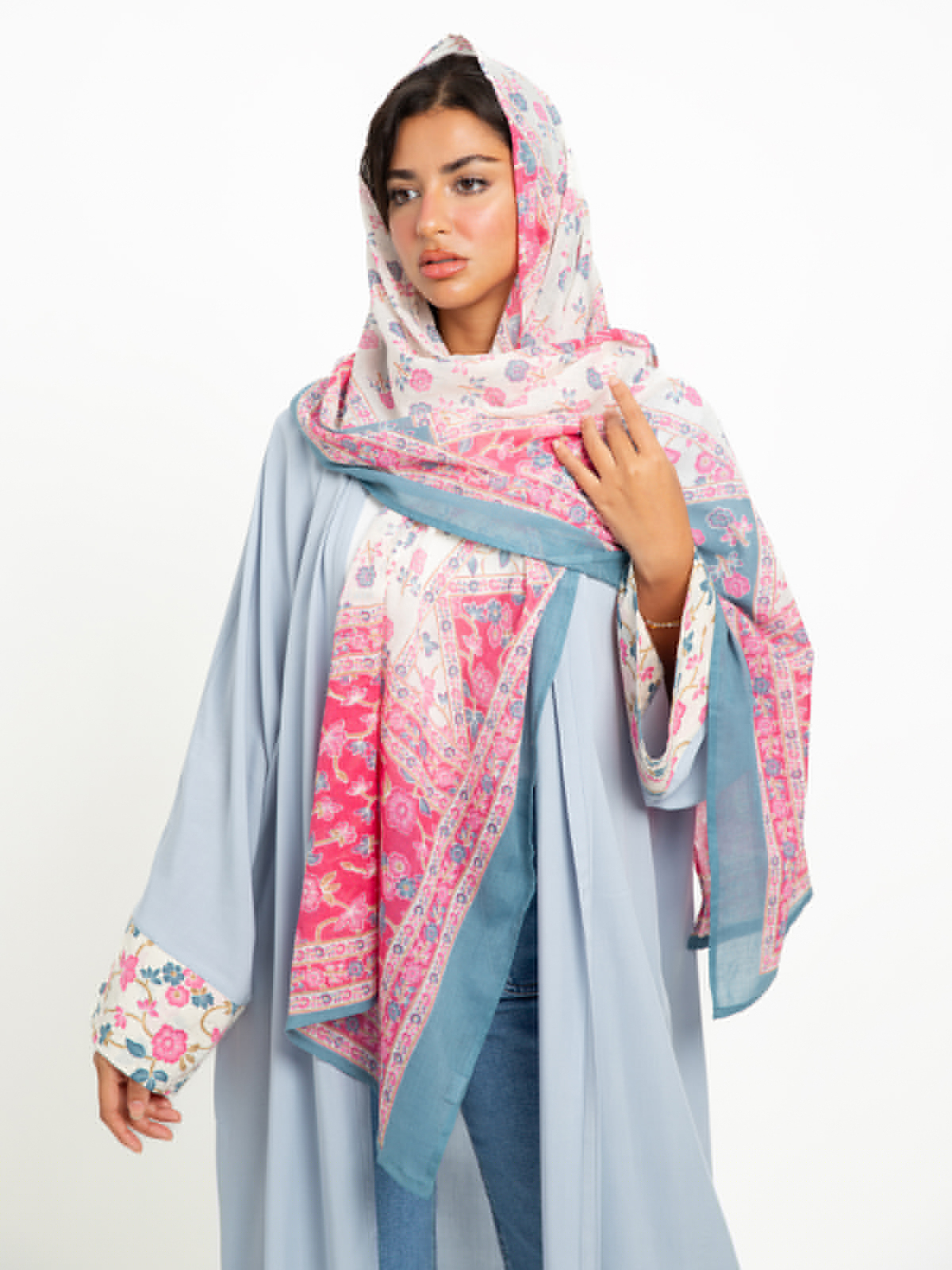Blue printed wide cut open abaya in high quality 100% natural cotton fabric by kaafmeem for summer