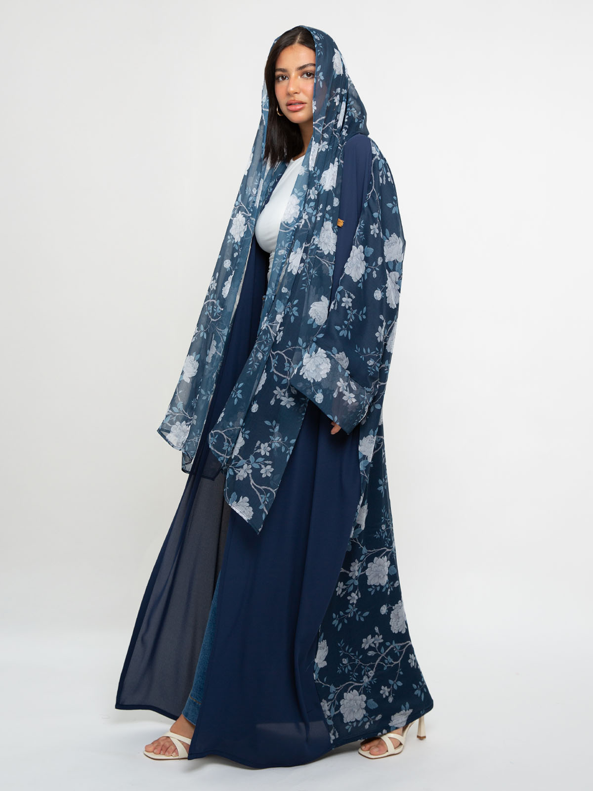 Navy printed wide cut open abaya in high quality chiffon fabric by kaafmeem for summer and eid al adha