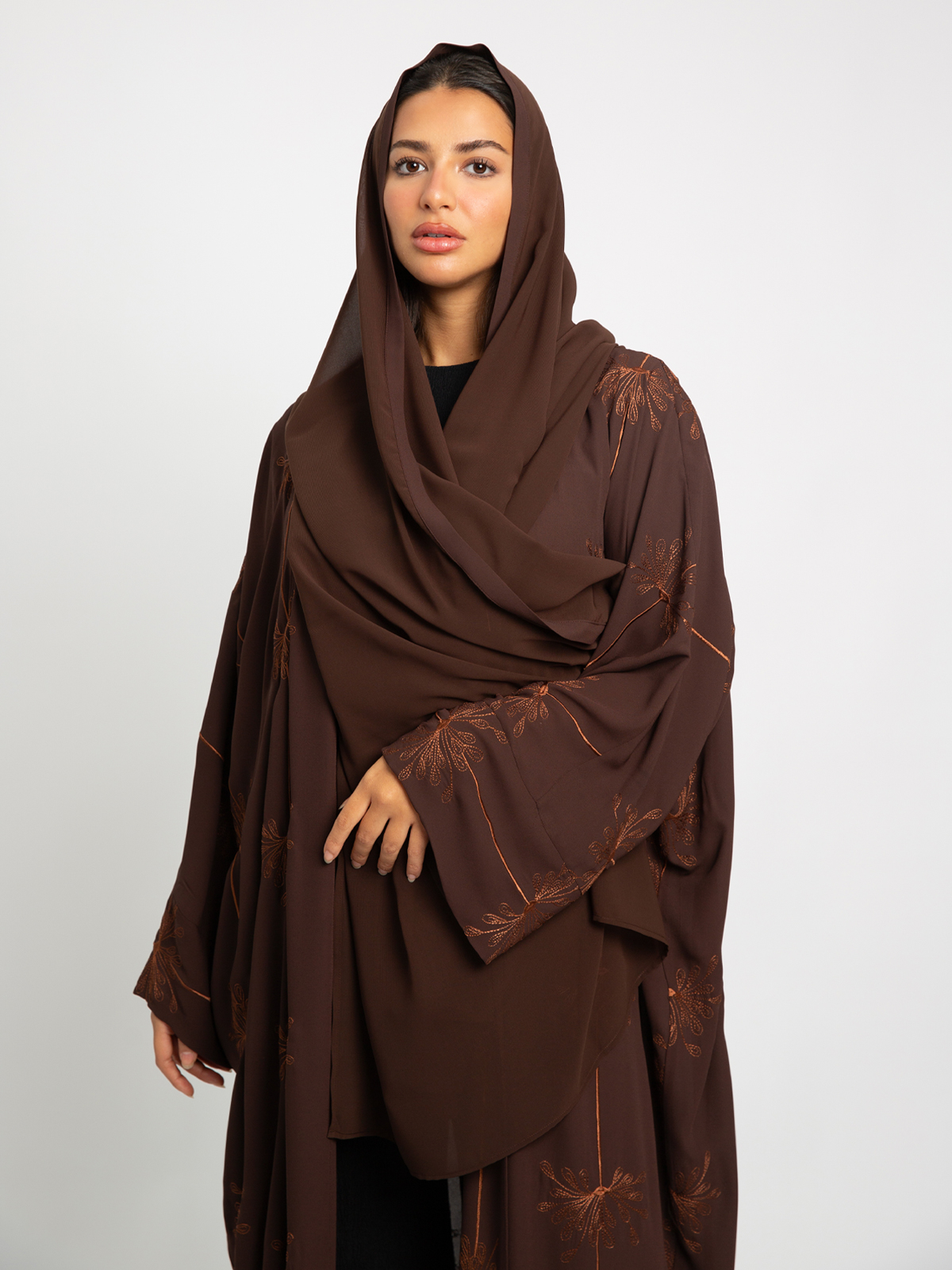 Brown Flower Splash Wide-fit Abaya