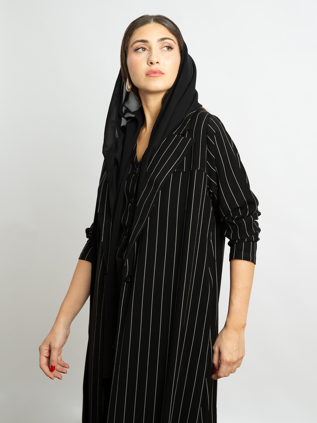 Long wide cut open fancy suit abaya in striped black color with button by kaafmeem for formal meetings