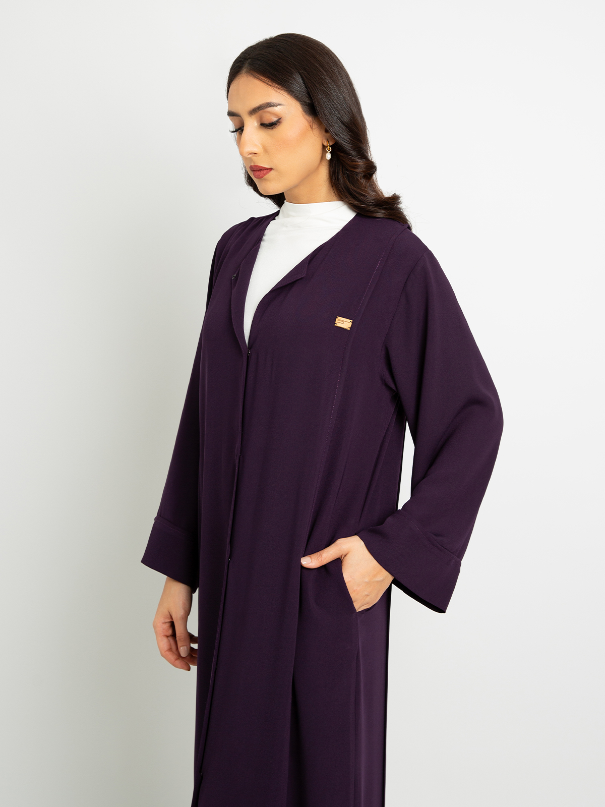 Mauve long closed practical abaya in high quality crepe fabric by kaafmeem for work and everyday wear 