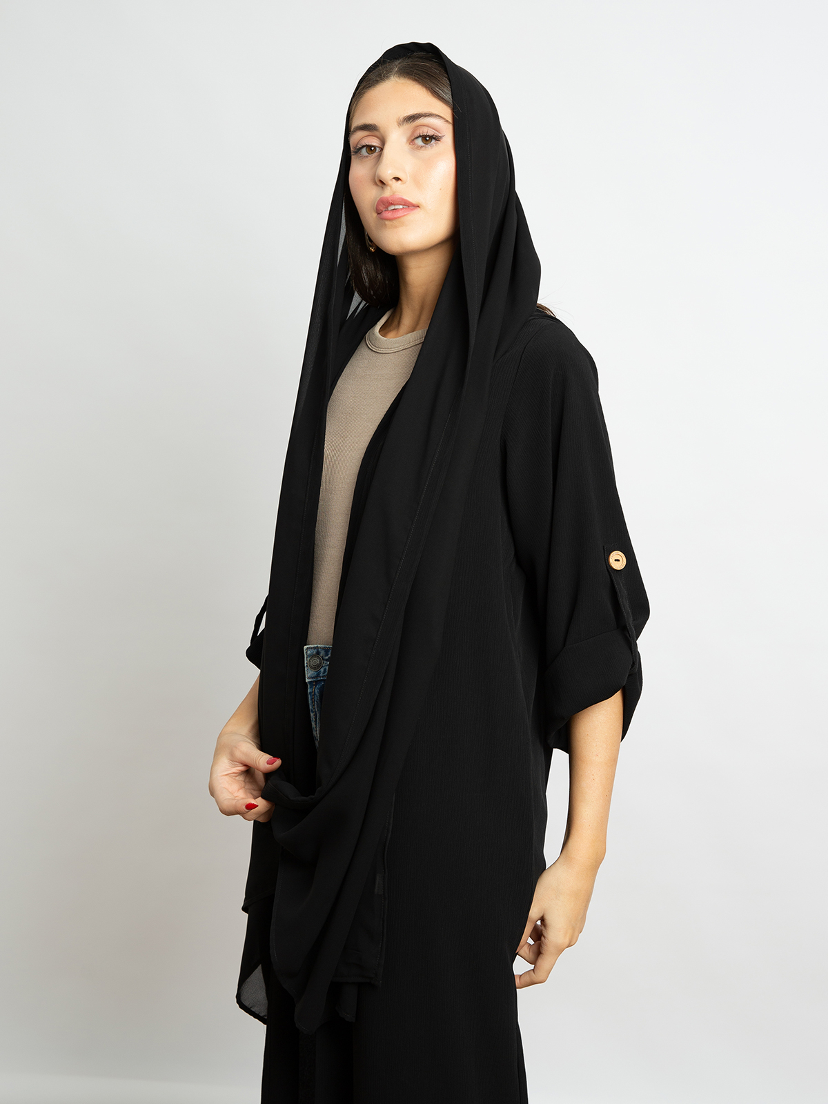 Long open regular fit abaya with hoodie in fancy yoryu fabric black color for work and different activities by kaafmeem