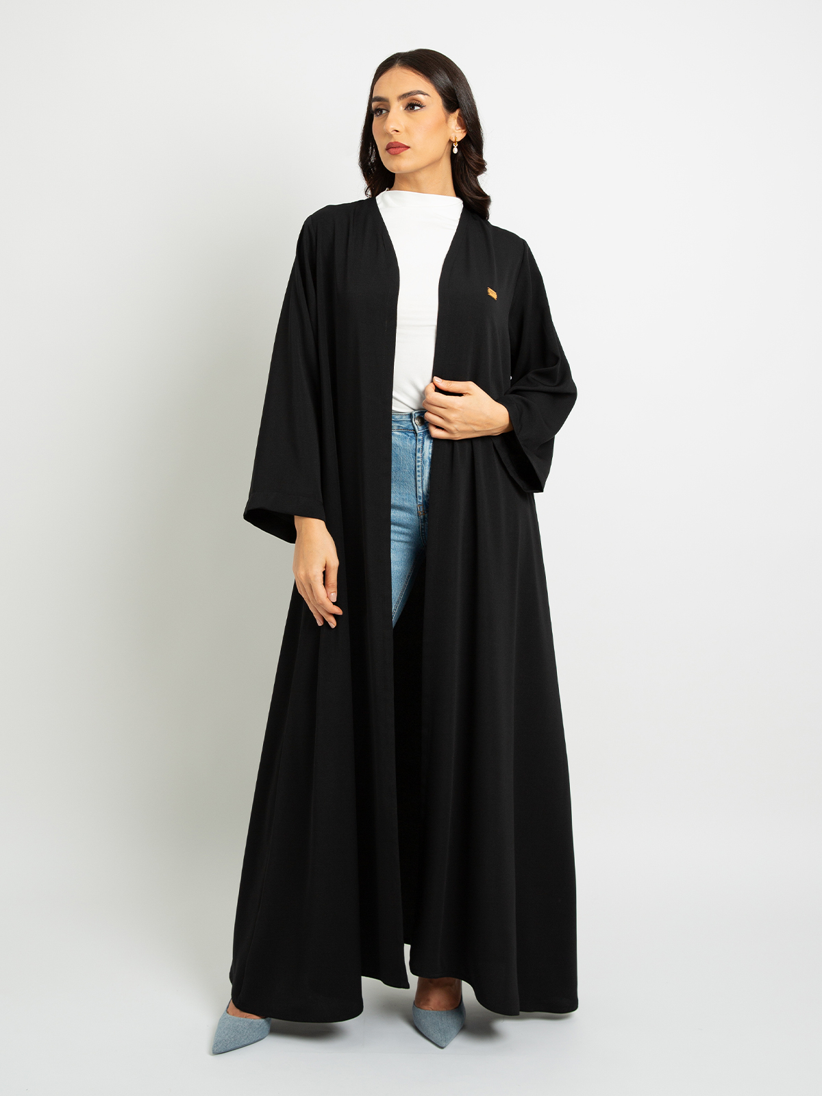 Black - A Cut Long Open Half Cloche Abaya in Crepe Fabric