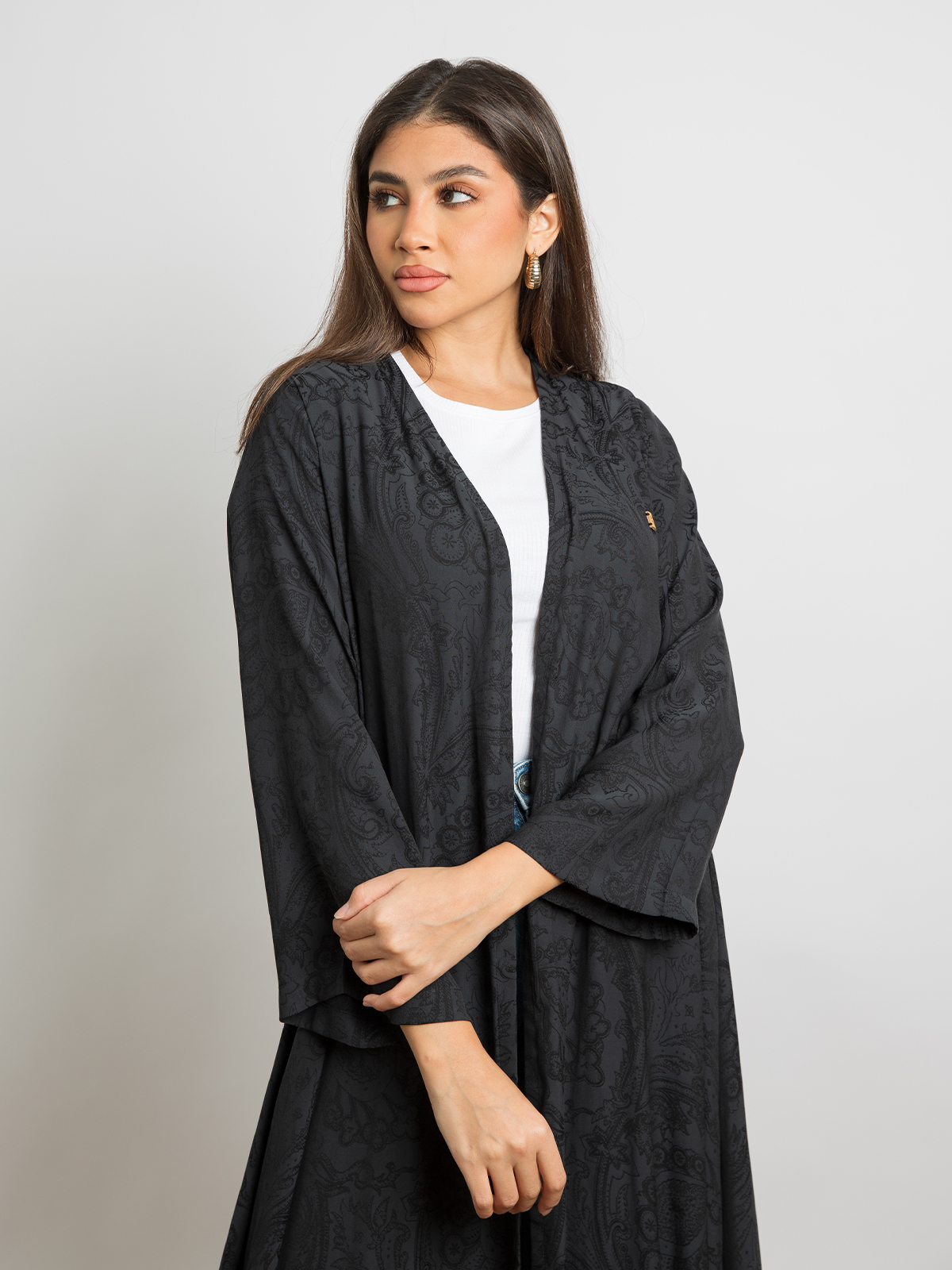 Black - A Cut Long Open Half Cloche Abaya in Silky Ornamented Fabric