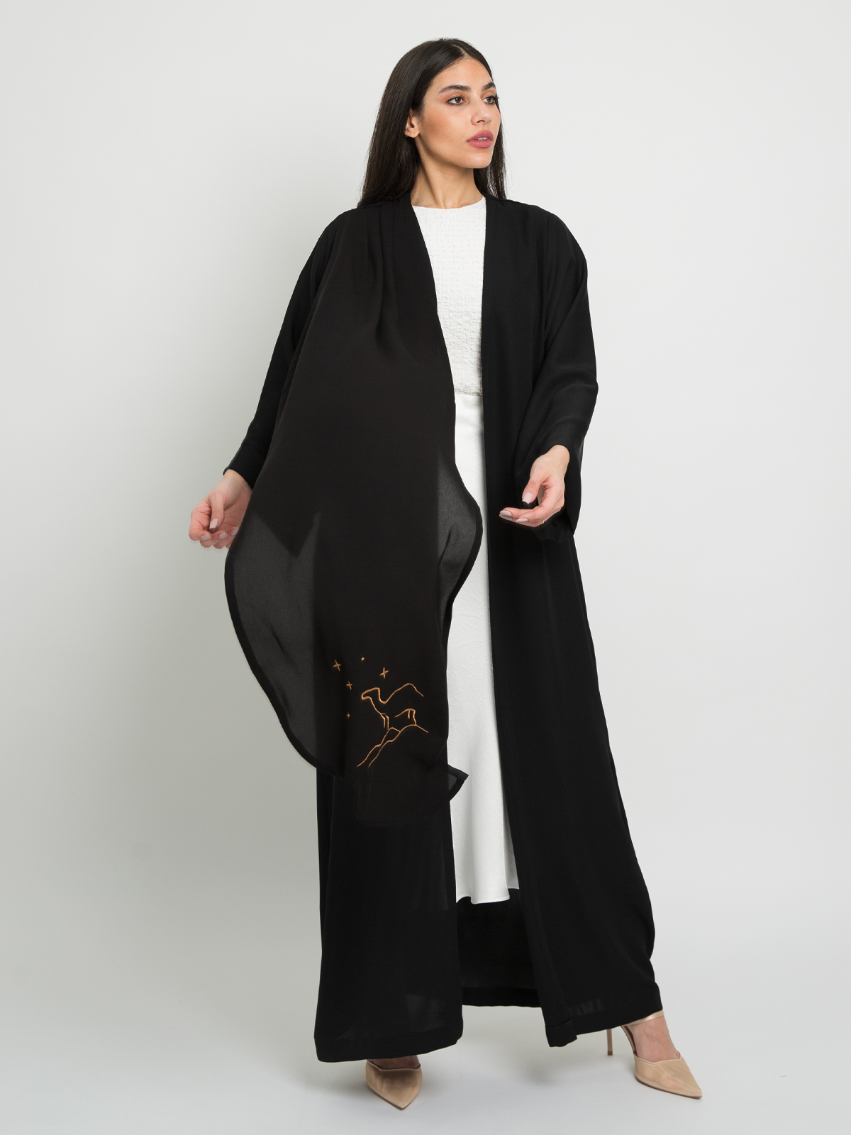 Black open long fancy abaya with attached long scarf with camel embroidery by kaafmeem for events and occasions 