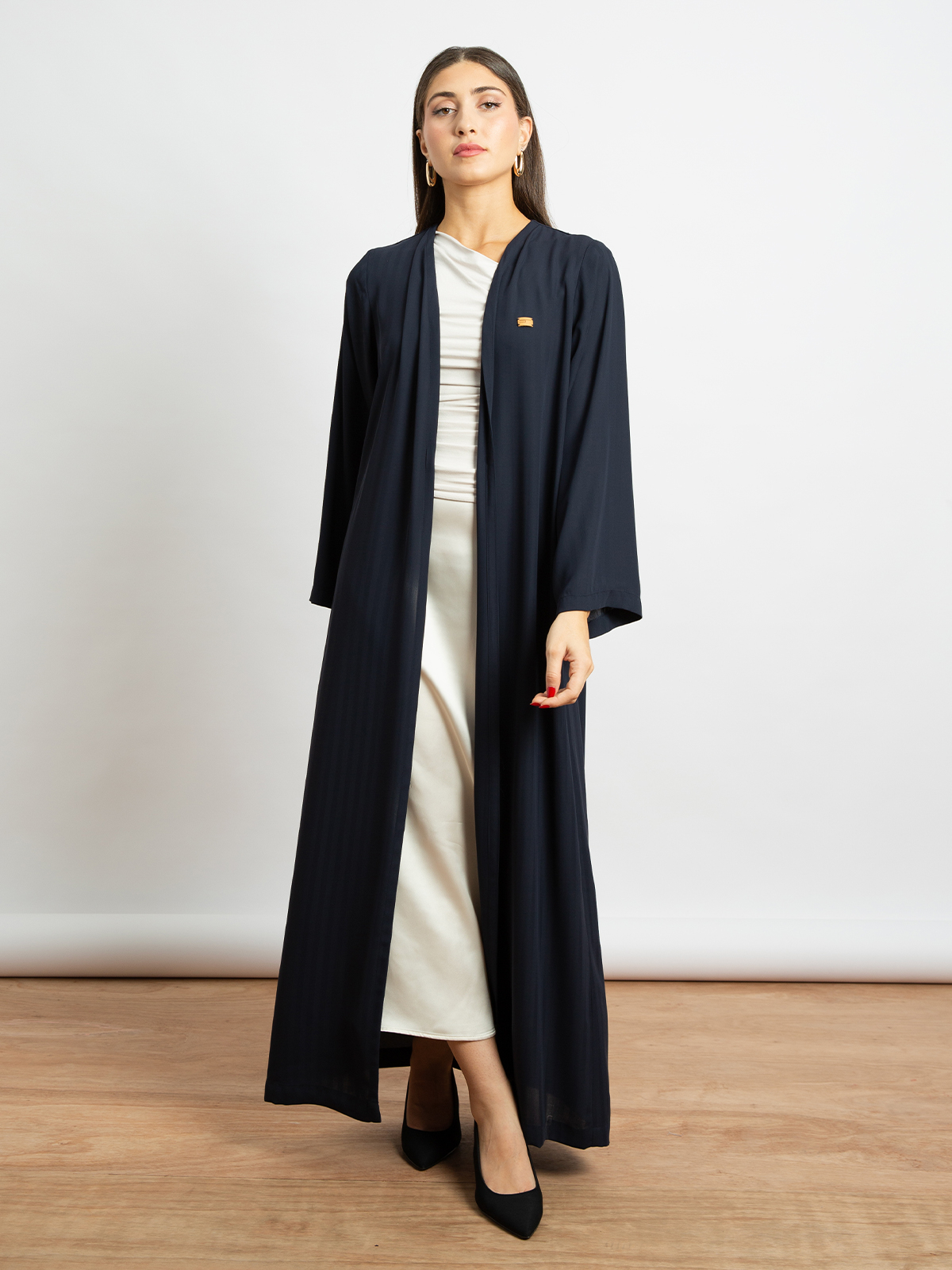 Long open regular fit abaya in lightweight fabric striped navy color for work and different activities by kaafmeem